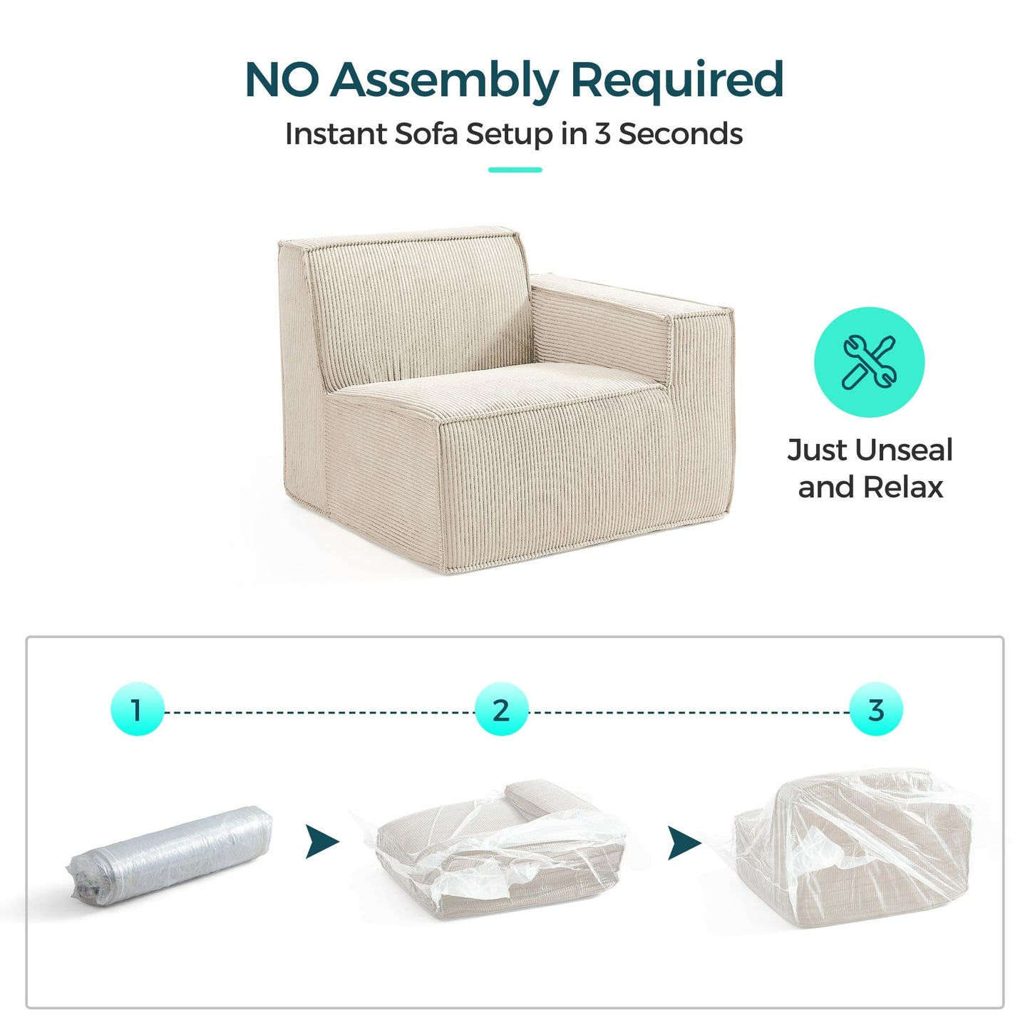 LINSY HOME Modular Sectional Sofa, 105" Boneless Couch L Shaped 3-Seat Sofa with Movable Ottoman, Corduroy Sectional Cloud Couches for Living Room, No Assembly Required, Beige