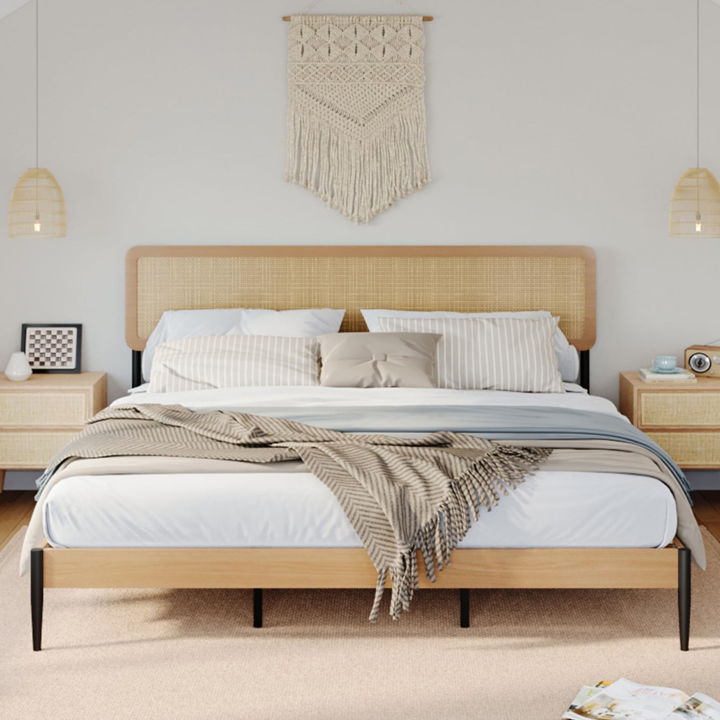 Rattan King Bed Frame with Headboard, Boho King Platform Beds, Natural Woven Rattan Headboard, Heavy Duty Slat Support Platform, No Box Spring Needed, Under Bed Storage, Noise Free, Easy Assembly
