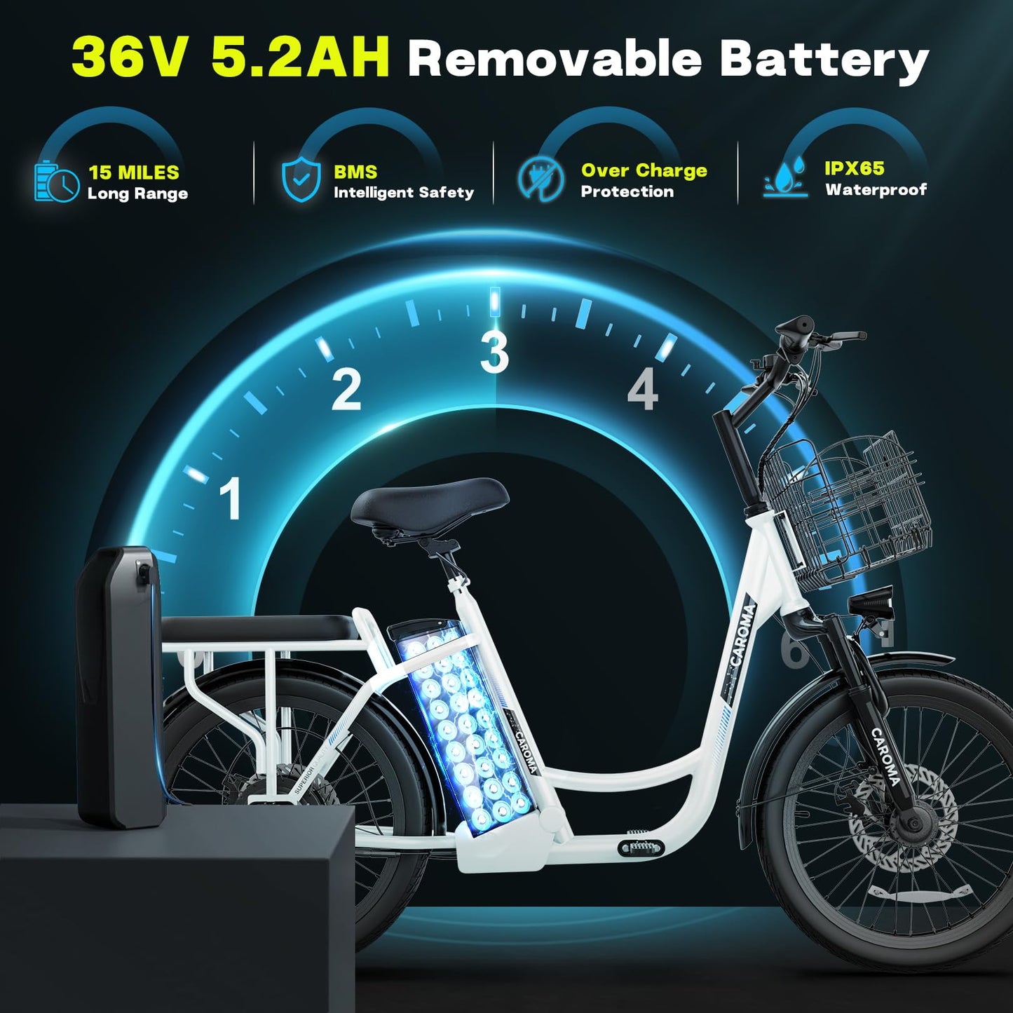 Caroma Peak 500W Electric Scooters with Seat,Step Thru Electric Bicycle 36V Removable Lithium-Battery,15Miles Max Range,20MPH Commuting Electric Bike for Adults&Teens,Shock Absorber,Gray Blue