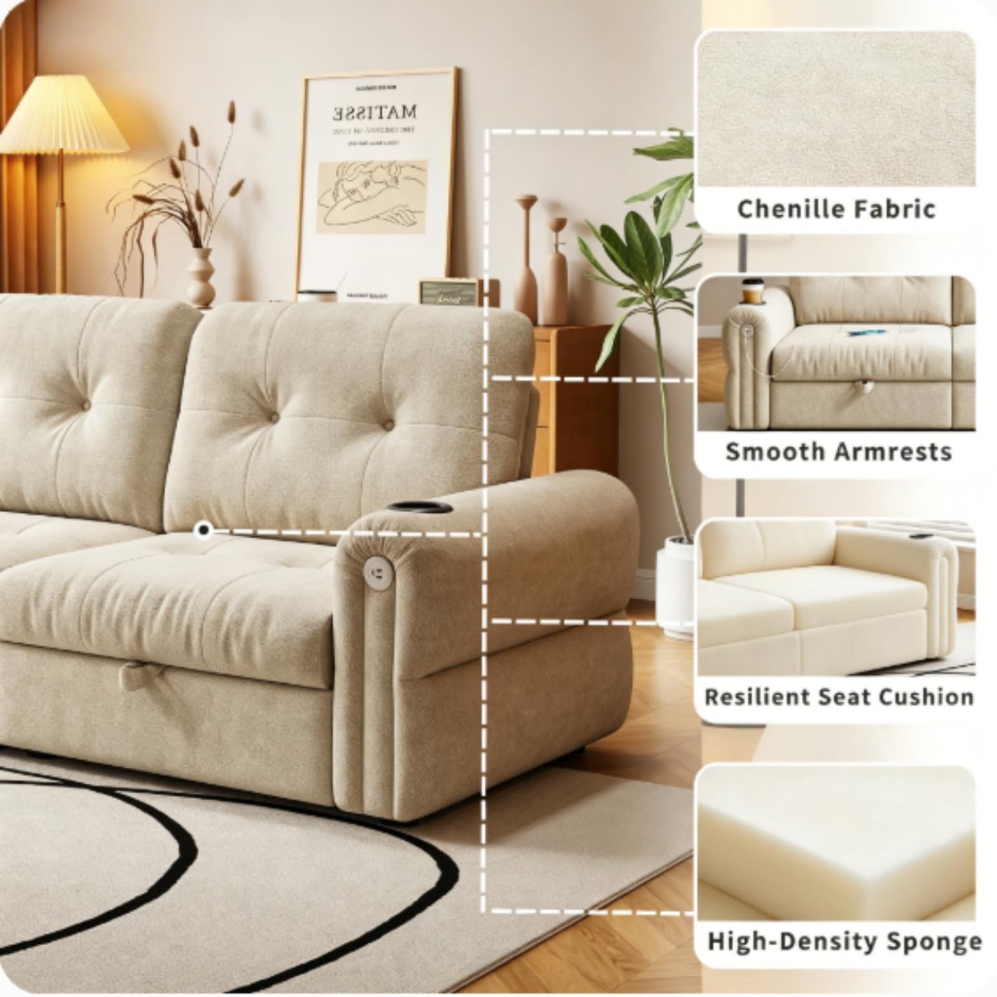 Trygoal Convertible Couches, Queen Size Pull Out Sofa Bed with USB Charging Port and Cup Holders, Plannelette Fabric Convertible Sofa Bed for Small Space, Living Room, Apartment, Guest Room, Beige