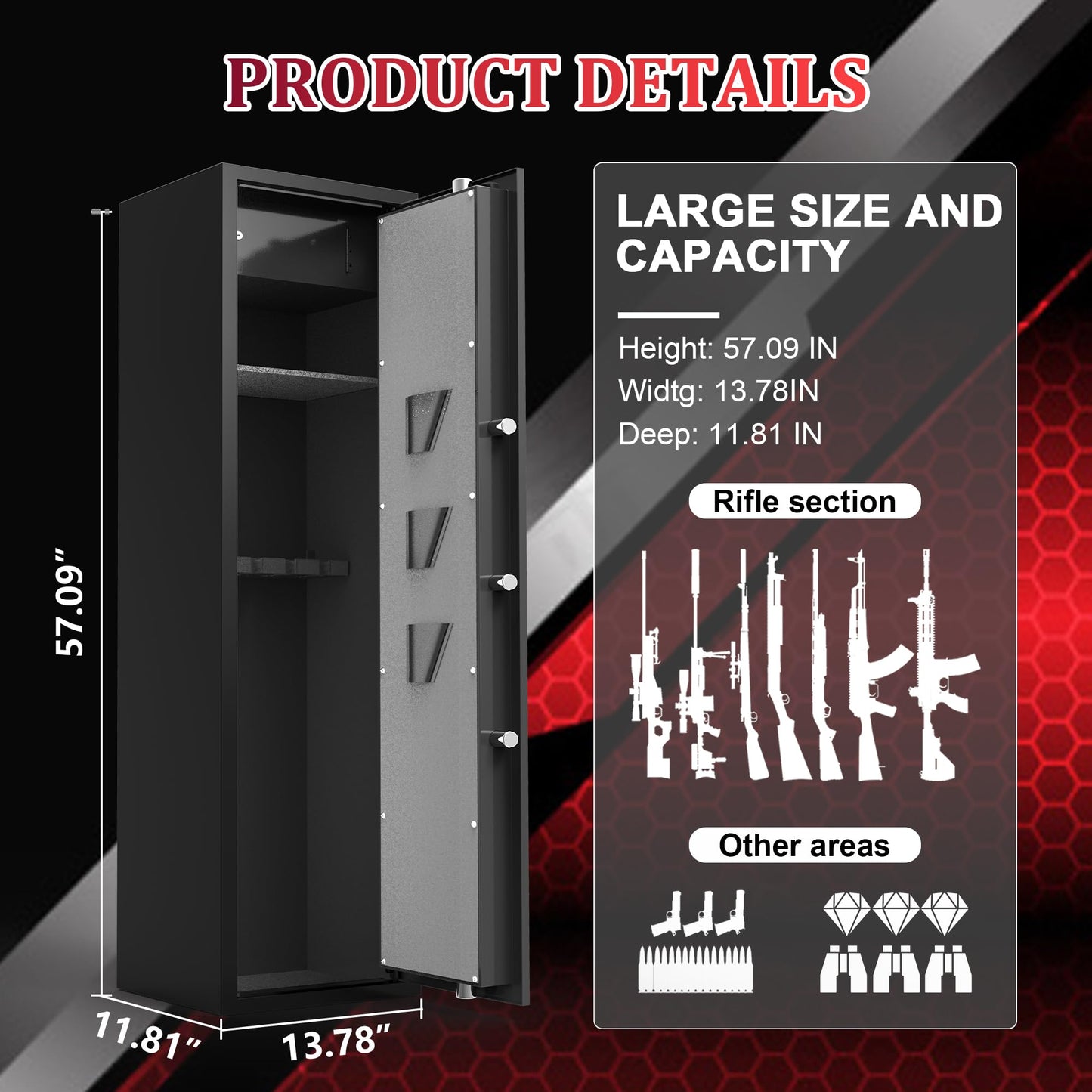 Marcree Biometric Fingerprint Gun Safe for Rifles, 8-10 Gun Cabinet with Key Inner Cabinet, Fingerprint & Digital Keypad Rifle Cabinet, Gun Safe for Rifles and Pistols, Pistol Pocket, Silent Mode