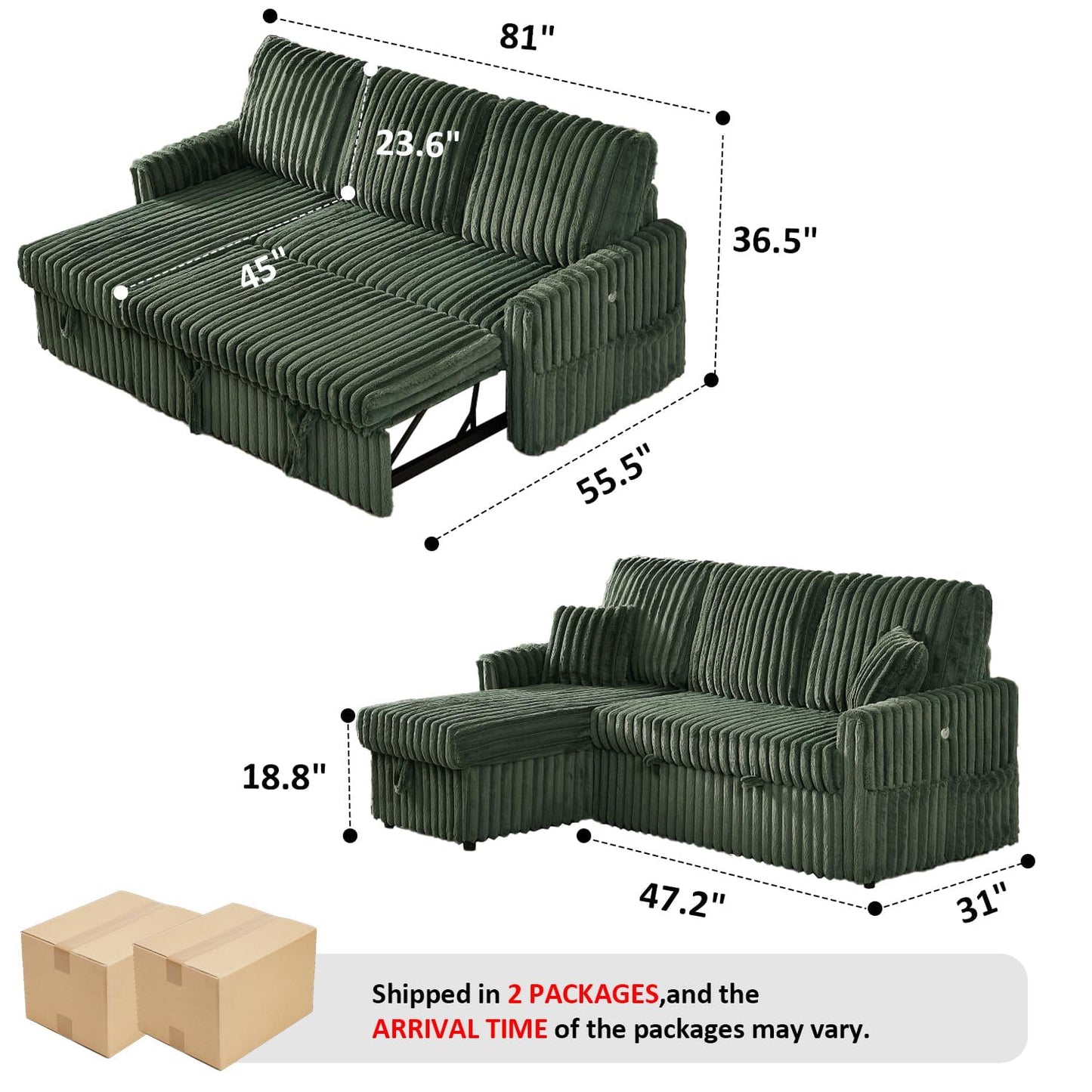 KCGKCG Sleeper Sofa Bed, 81” Pull Out Couch Bed with Reversible Storage Chaise, 3 in 1 L-Shaped Couch with Charging Station, Cup Holder, Side Pocket, Plush Corduroy Couches for Living Room(Green)