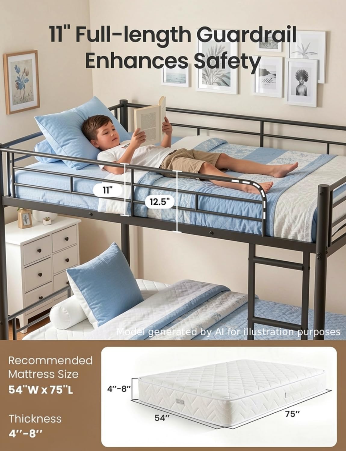 Mixcous Full Over Full Bunk Bed for Adults, Heavy Duty Metal Bunk Bed Frame, Convertible into 2 Full Beds, Noise-Free, Full-Length Guardrails & EVA Padded Ladder, No Box Spring Needed, Black