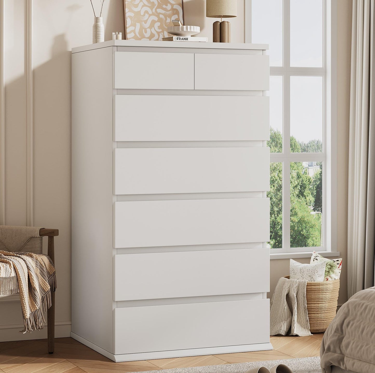 White Tall 7 Drawer Dresser for Bedroom, Modern Wood Closet Dressers & Chests of Drawers with Jewelry Storage, 23.6" L*15.8" W*47.5" H in Large Vertical Dresser for Bedroom, Living Room, Nursery
