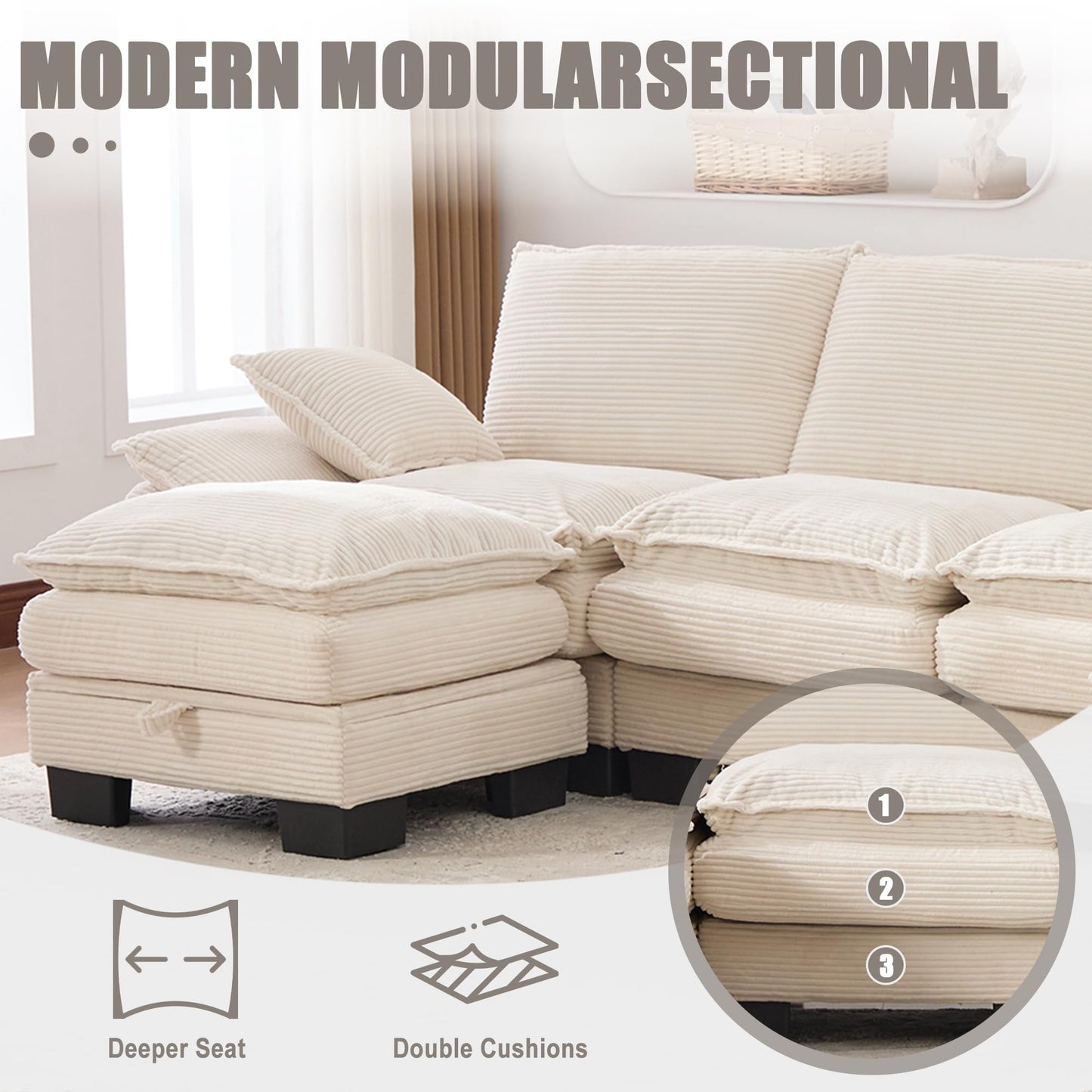 102" Oversized Cloud Modular Sectional Sofa with Movable Ottoman, Free Combination Convertible L Shaped Corner Couch Sets,Comfy Corduroy Upholstered Beige Sofa & Couch for Living Room