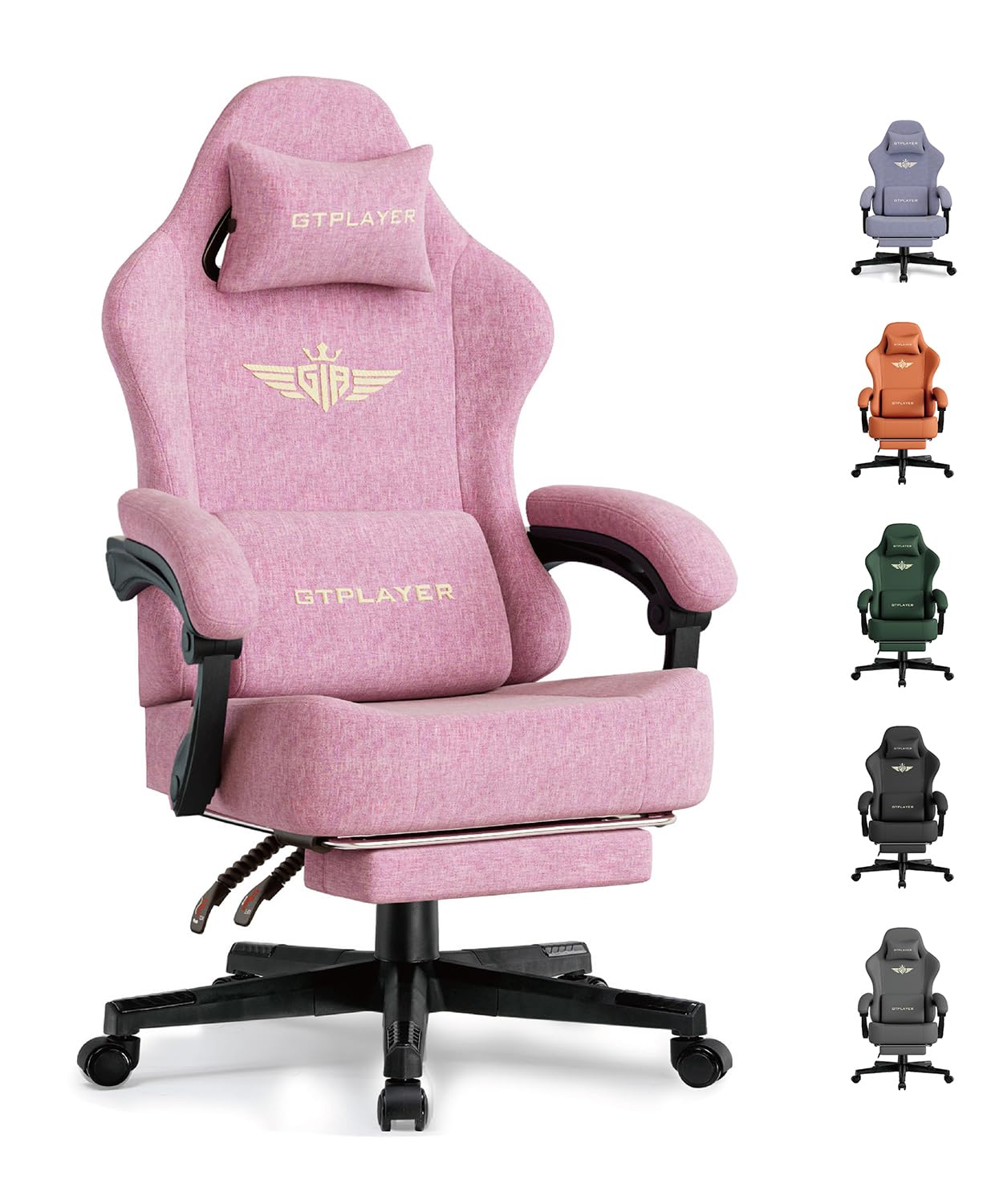 GTPLAYER Big and Tall Gaming Chair with Pocket Spring Cushion, High Back Ergonomic Computer Chair with Footrest for Adults Lumbar Support Swivel Game Chair for Office Gaming 350LBS, Fabric Pink