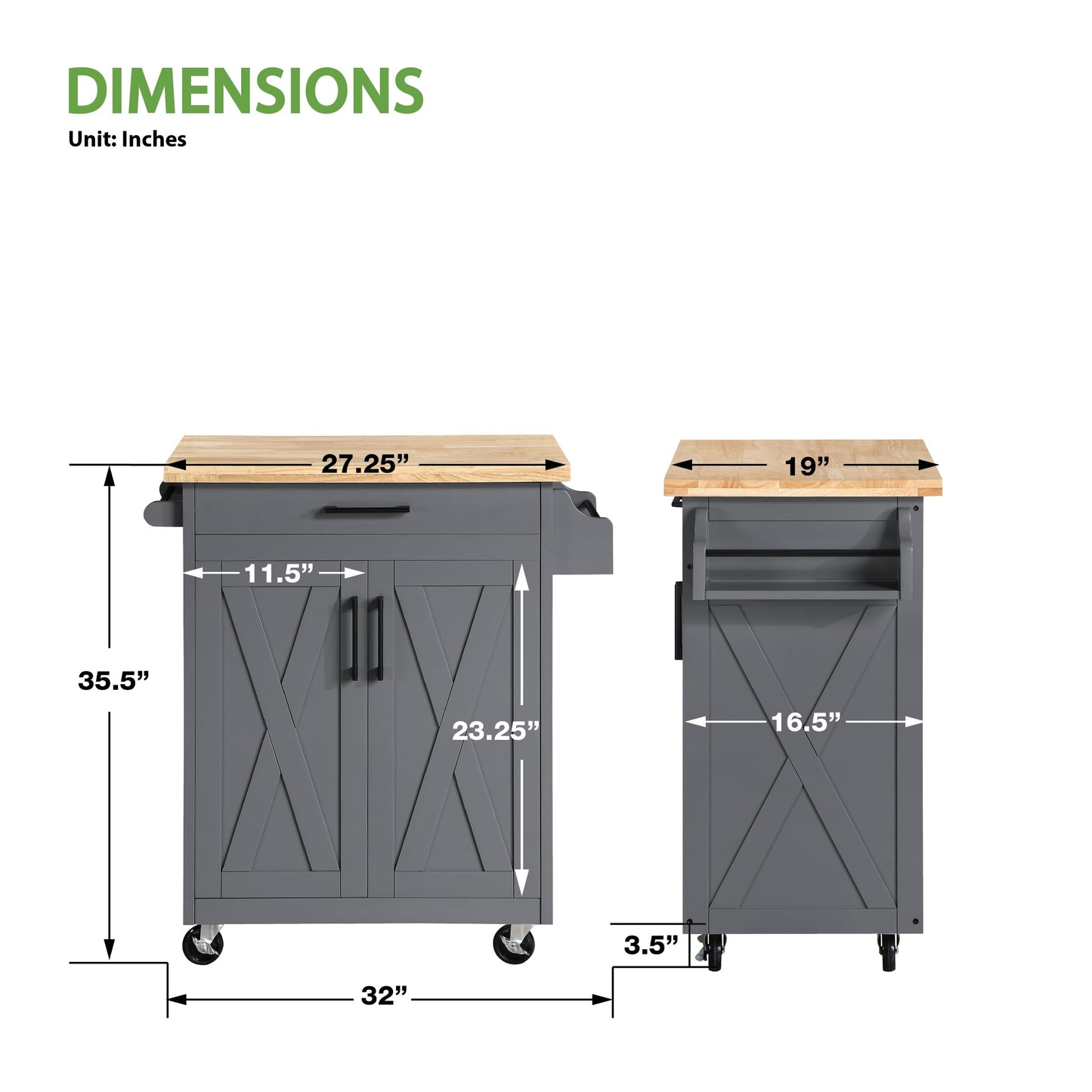 OSP Home Furnishings Bolten Farmhouse Kitchen Cart with Butcher Block Top, Rolling Island with Storage Cabinet and Drawer, 35.5H x 32W x 19D inches, Grey