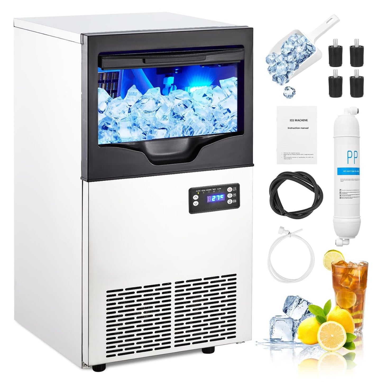 GarveeTech Commercial Ice Maker Machine, 100 LBS/24H Under Counter Ice Maker with 33 LBS Ice Capacity, Stainless Steel Freestanding Ice Machine with Ice Scoop, Self-Cleaning, for Home Restaurant, Bars
