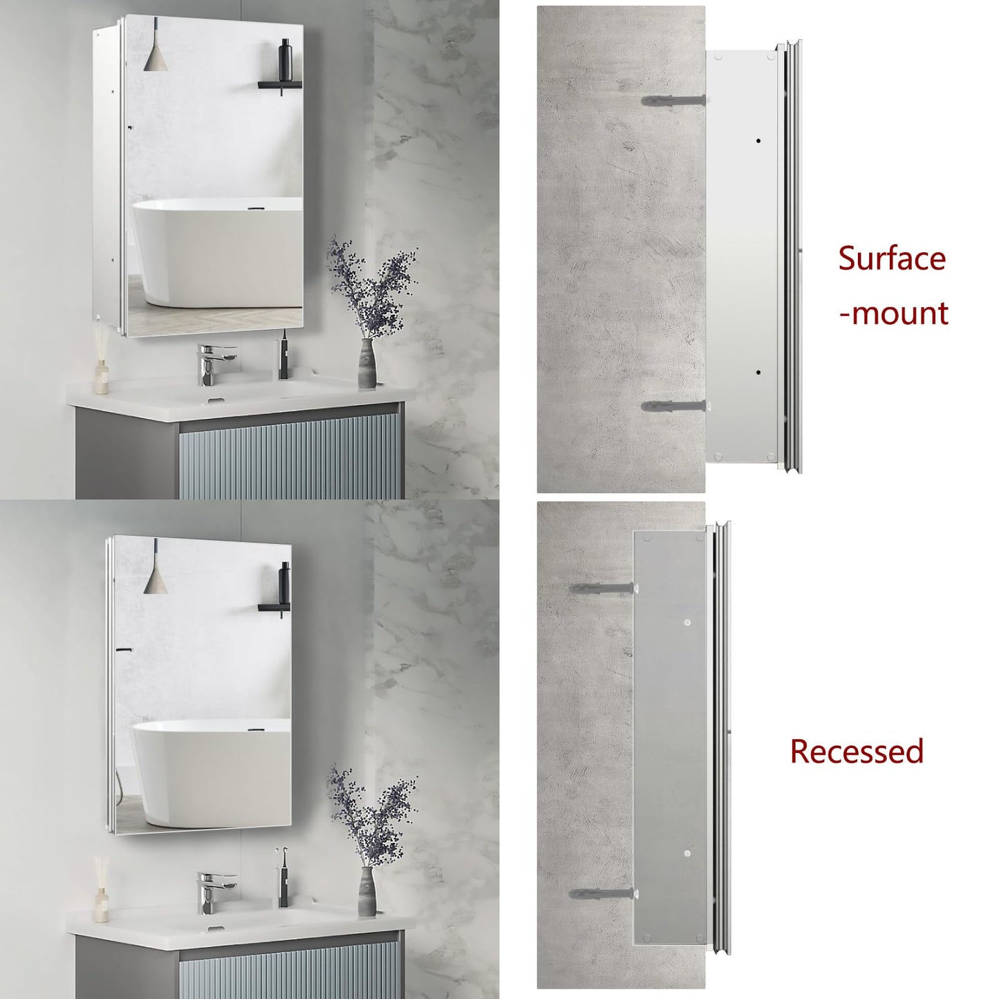 HESONTH Medicine Cabinet with Mirror of Storage, 22x30 inch Aluminum Bathroom Cabinet, Assembly Needed, Surface Mount or Recessed Wall Cabinet with Adjustable Glass Shelves for Bathroom Bedroom