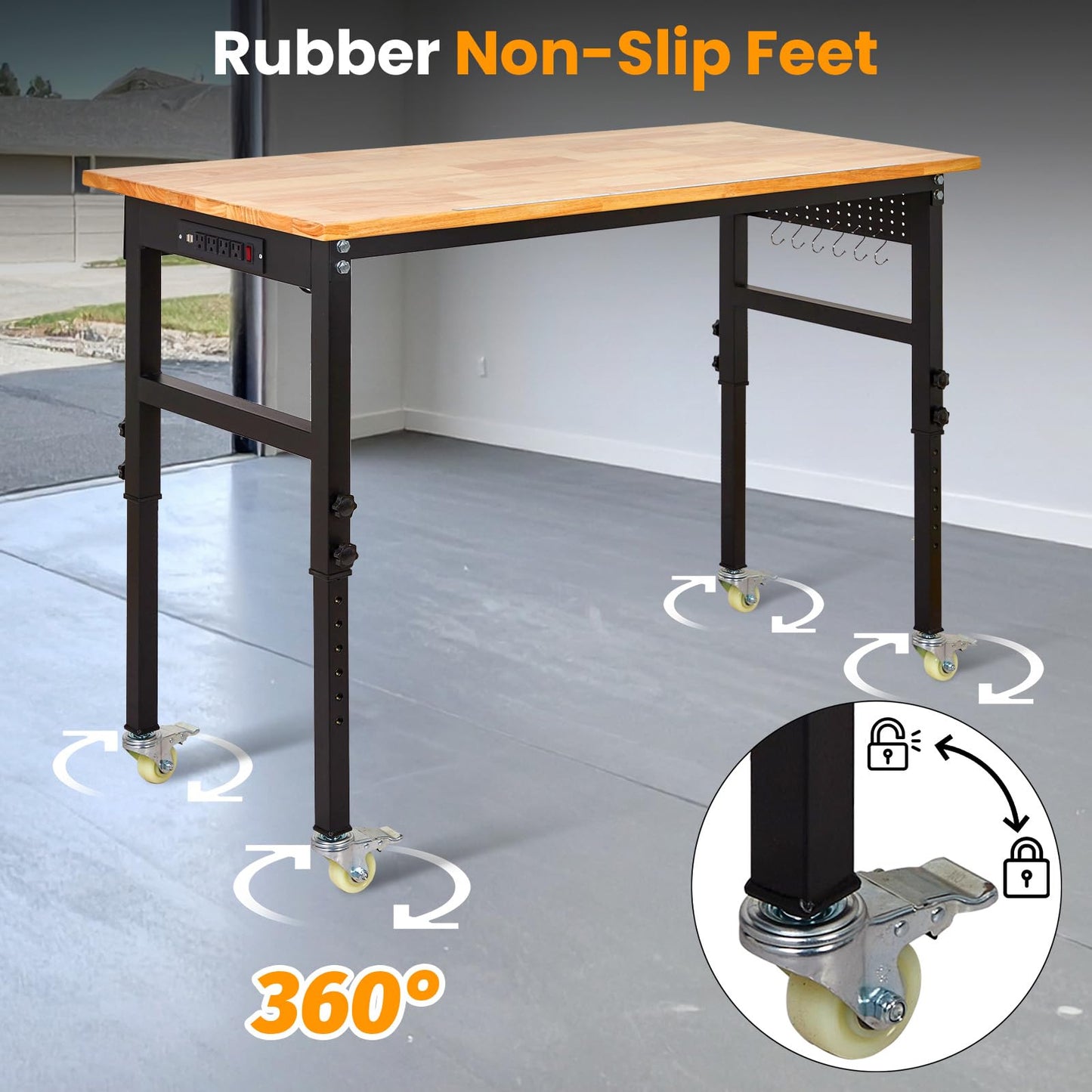 60" Adjustable Workbench with Power Outlet, 2000LBS Capacity Solid Rubber Wood Top & Thickened Steel Legs, 8-Levels Adjustable Heigh Work Table, Easy Assembly for Garage, Workshop, Home