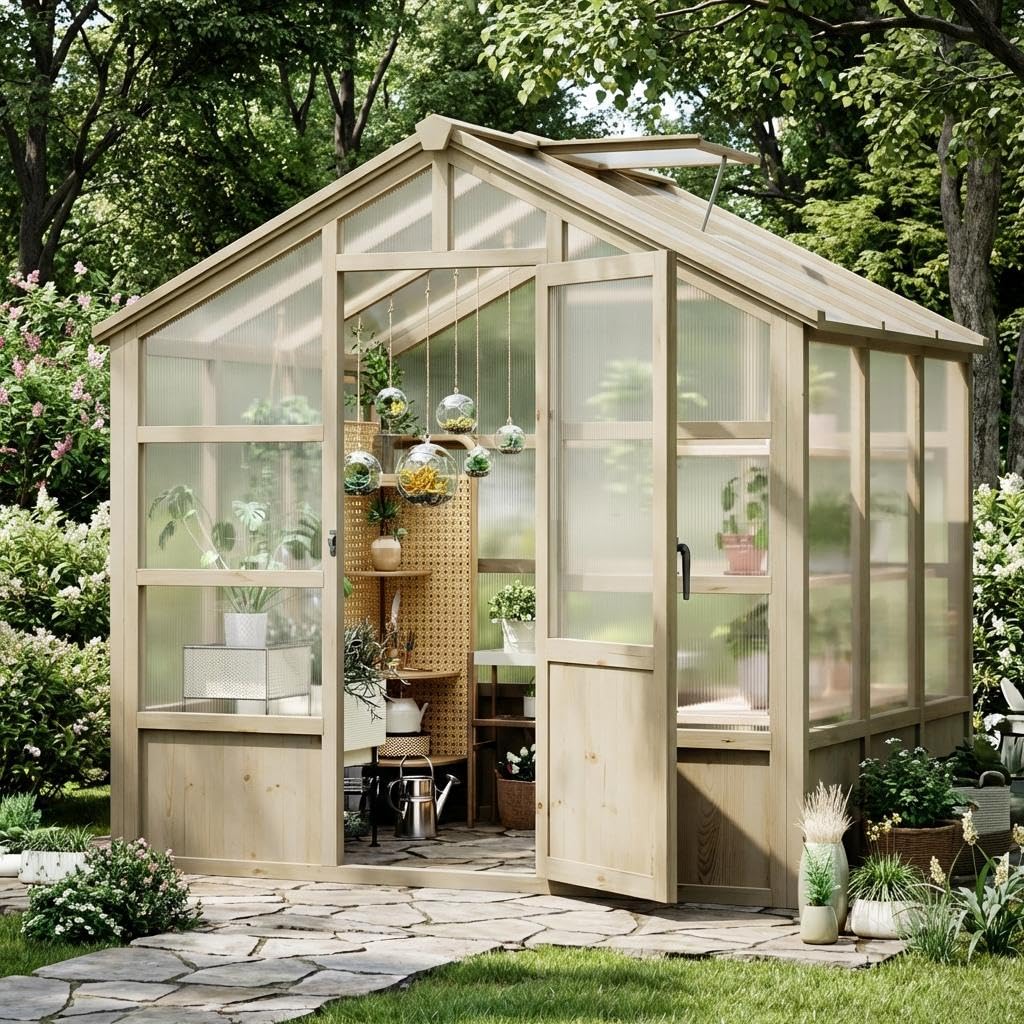 GarveeLife Wooden Greenhouse, 8x6 ft Greenhouses for Outdoors with Lockable Door, Wood Frame & Adjustable Vent, Heavy Duty Greenhouse with Polycarbonate Panel for Outside, Garden, Yard, Light Brown
