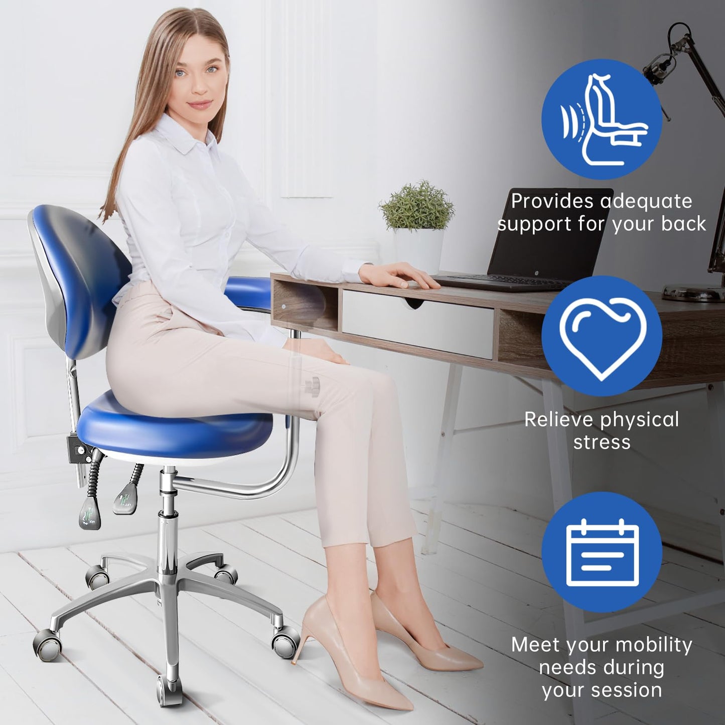 Dental Assistant Chair PU Leather with Swivel Armrests, Rolling Dental Chair, Ergonomic Swivel Dentist's Stool with Backrest for Clinics, Tattoo, Home and Laboratory - Blue