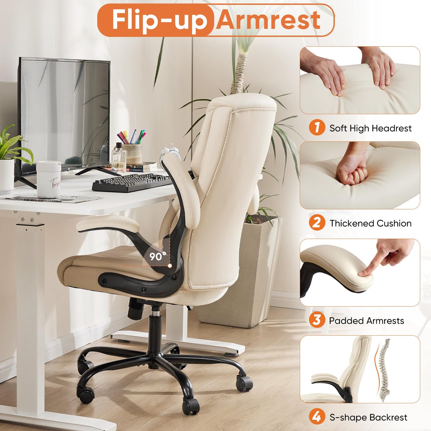 Sweetcrispy Ergonomic Computer Gaming Office Chair Set of 2, Heavy Duty Task Desk Swivel Rolling Chairs with Wheels, Flip-up Arms, Adjustable Height, PU Leather,Cream White