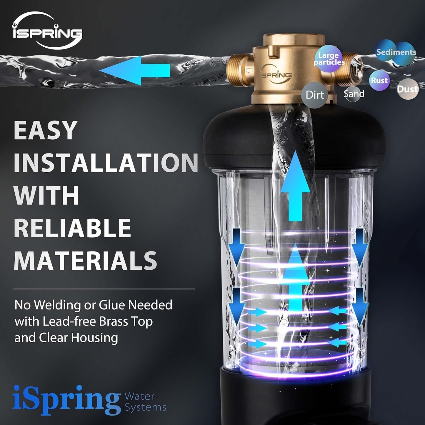 iSpring WSP50ARJ, NSF Certified, Spin-Down Sediment Water Filter, Upgraded Jumbo Size, Large Capacity, Reusable with Touch-Screen Auto Flushing Module, Brass Top Clear Housing, 50 Microns