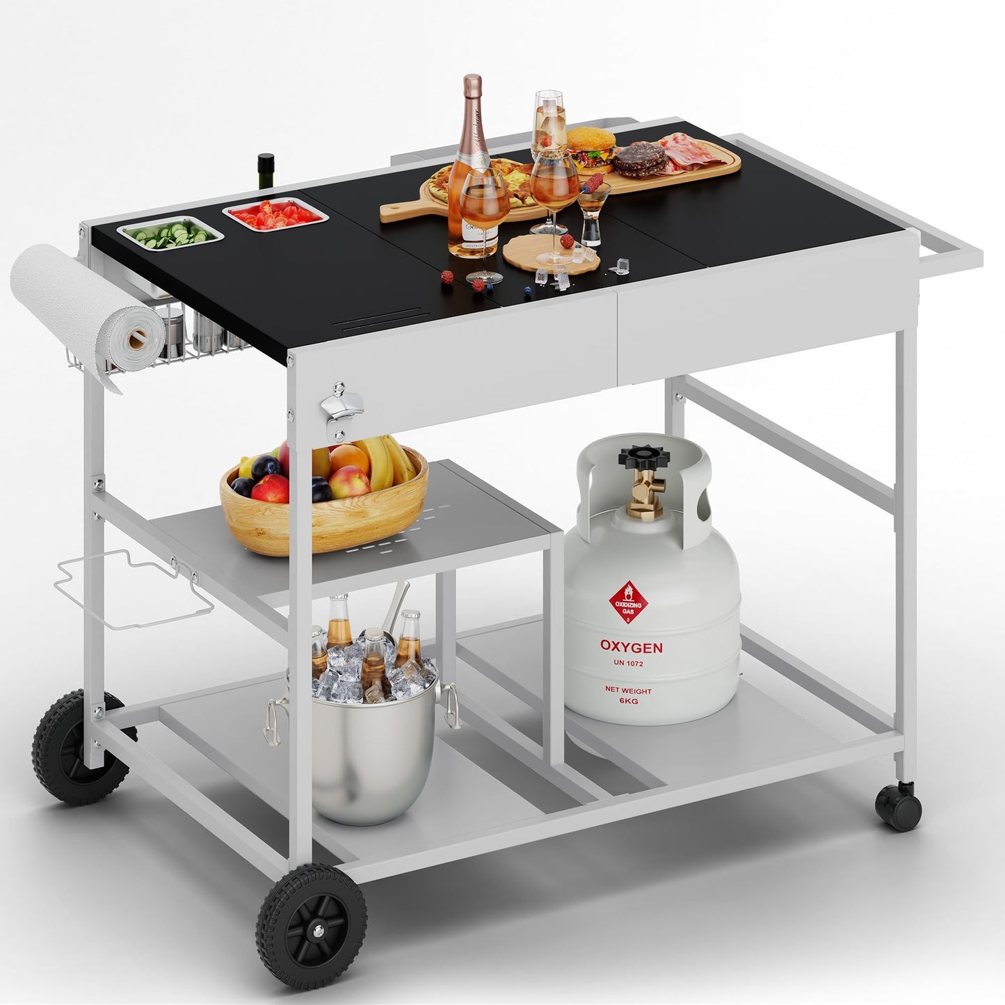 Shintenchi 24.6"x37.6" Pizza Oven Cart Table with Topping Station and Wheels, Outdoor Tabletop Grill Table Stand, Movable Food Prep Workcart Fits for Ninja Blackstone Woodfire Grill