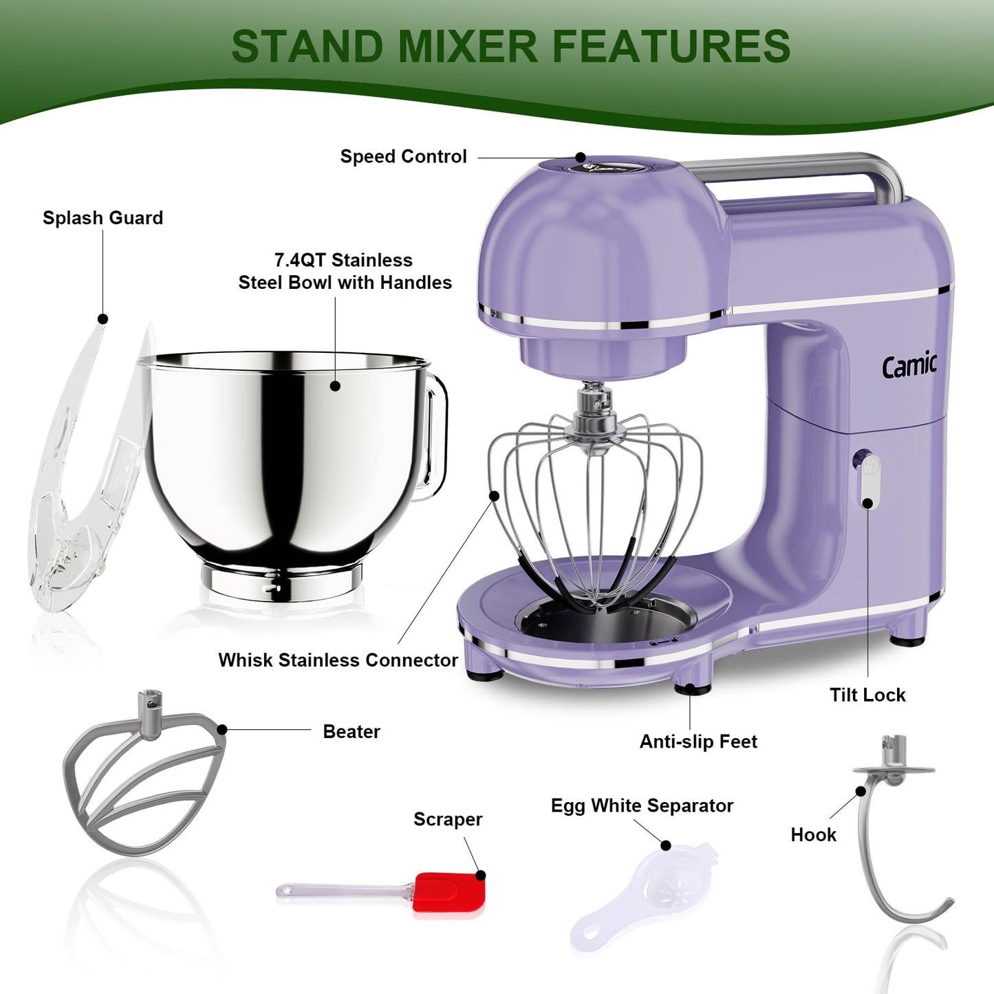 Camic Electric Stand Mixer,7.45 QT,10 Speeds with Dough Hook,Whisk, Flat Beater Attachments, Splash Guard, Easy-Carry Top Handle,3-IN-1 Kitchen Mixer for Baking Cakes Cookie Bread Salad (Purple)