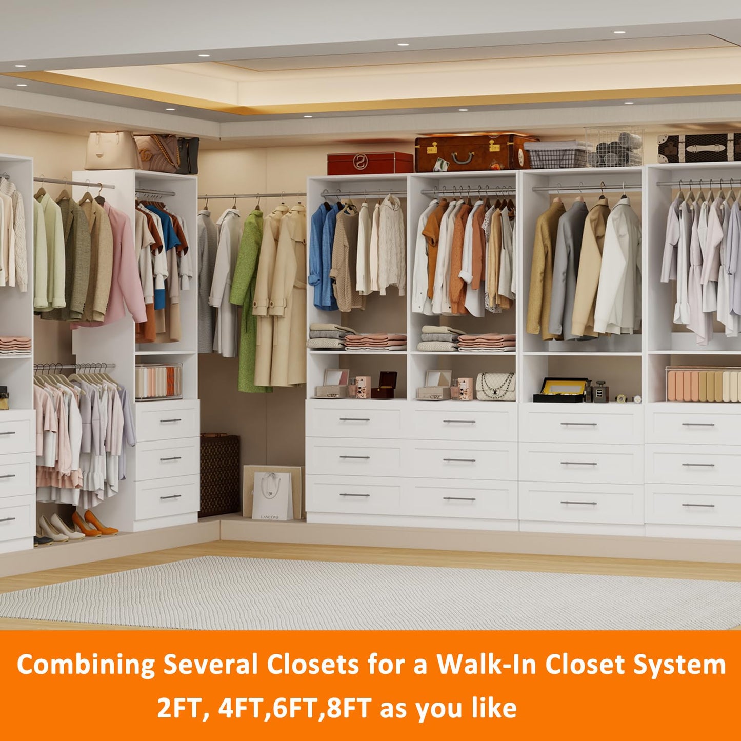 secilix Modular Closet System with 12 Drawers, 8FT Engineered Wood Closet Organizer System for Walk-in Closet, Storage Unit with 8 Extendable Hanging Rods, White (Set of 4)
