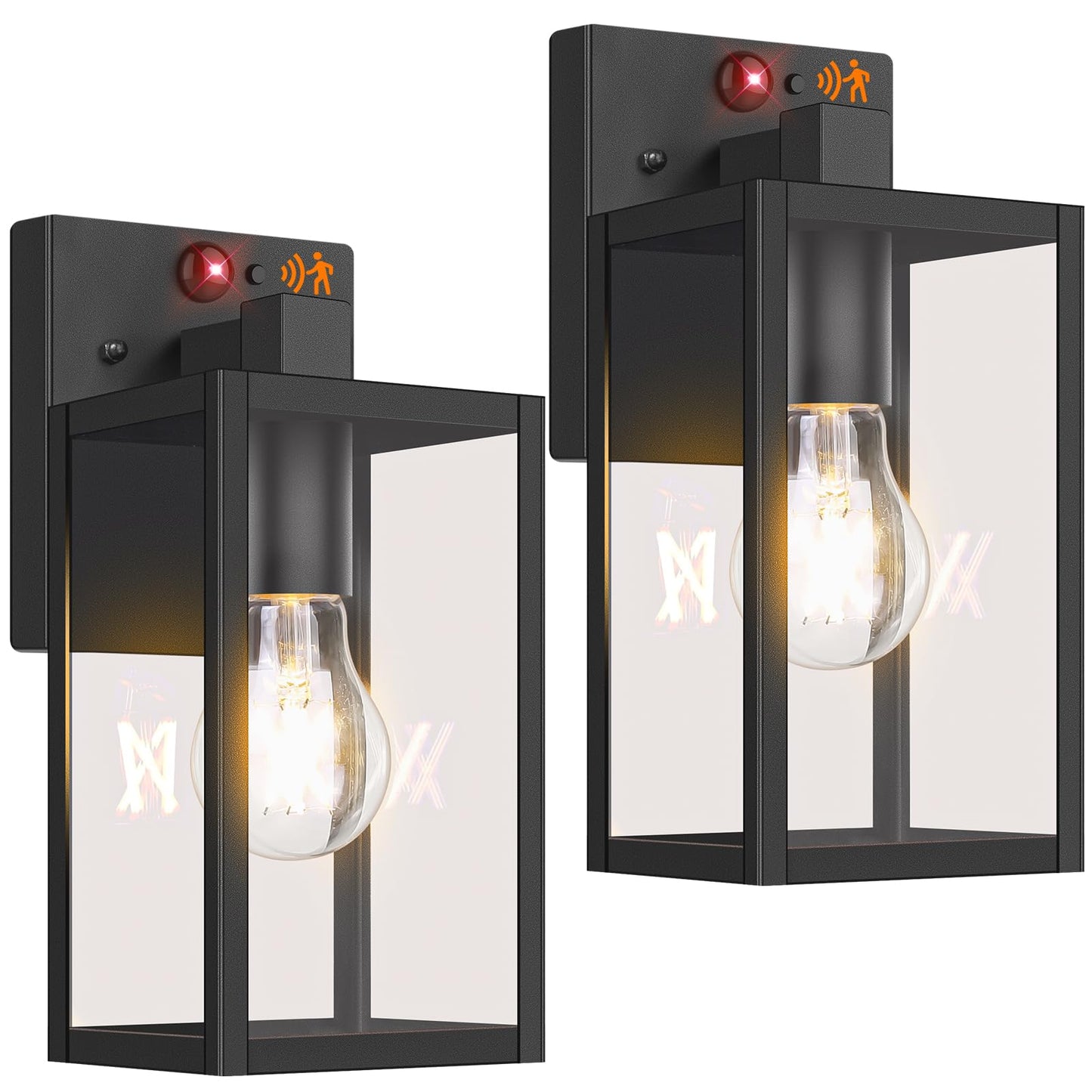 BesLowe 2-Pack Motion Sensor Outdoor Wall Lights, 10.6in, Black, 3 Lighting Modes, Model 1030MR, Dusk to Dawn Sconce Lanterns