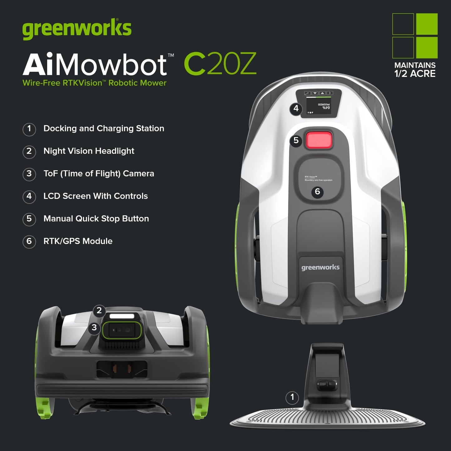 Greenworks C20Z Wire-Free Robotic Lawn Mower, up to 1/2 Acre, RTKVision Navigation, 24-Degree Slope Climbing, Smart Obstacle Avoidance, App Control with Electric Height Adjustment