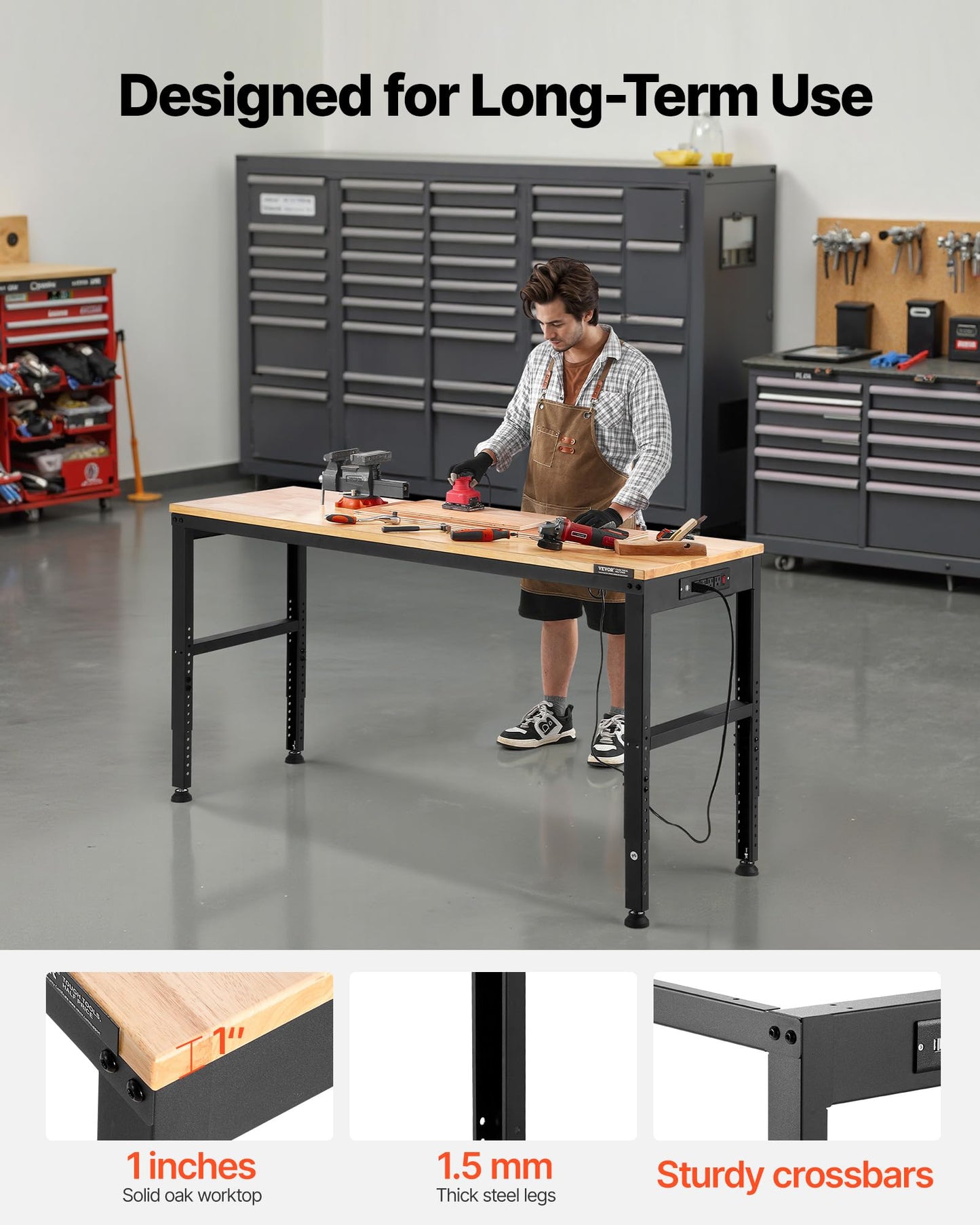 VEVOR Adjustable Workbench, 2000 lbs Capacity, 61 x 20-inch Heavy Duty Work Bench with 27.1-36 Inches Height Adjustment, Garage Workbench with Power Outlets, Suitable for Office, Garage, Workshop