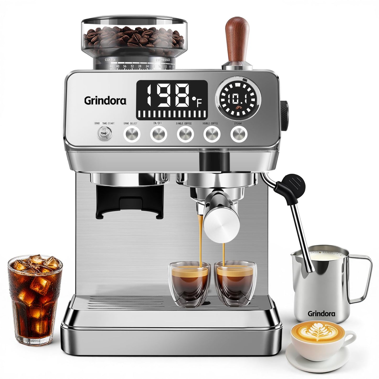 Espresso Machine with Grinder, 20 Bar Stainless Steel Espresso Coffee Machine, 44 Grind Settings, 0.1s Precision Timer, PID Control, Milk Frother for Latte, Cappuccino, Americano & Cold Brew