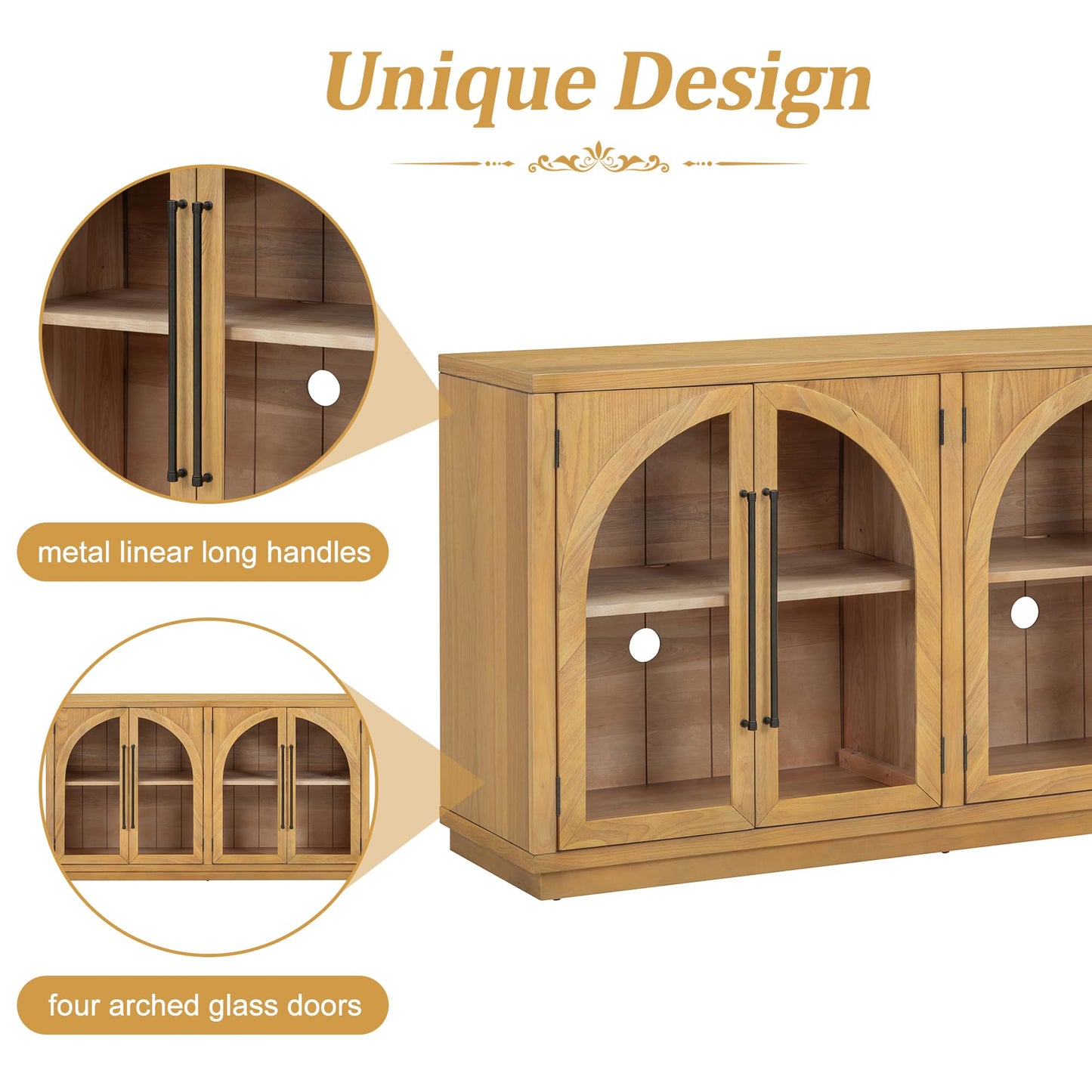 Merax Wood Farmhouse Buffet Sideboard with Adjustable Shelves and 4 Doors Glass Coffee Bar Cabinet TV Stand for Living Room Bedroom Kitchen Natural Wood