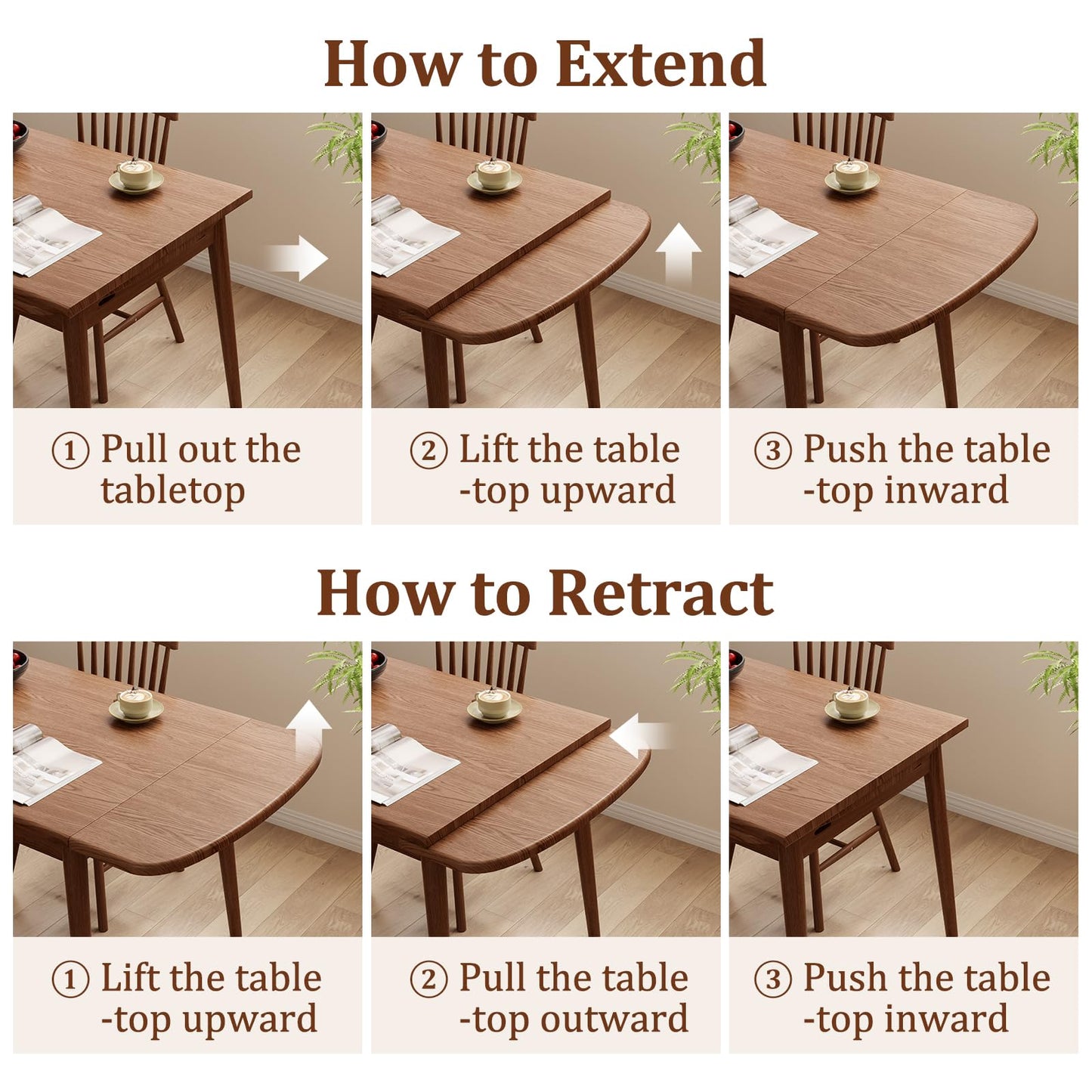 DONGMUWUJEE Solid Wood Extendable Dining Table for 4-8, 47.2” to 70.8” Expandable Table, Easy Assembly Extendable Dining Room Table, 3-in-1 Design, Ideal for Dining Room, Kitchen, Living Room (Walnut)