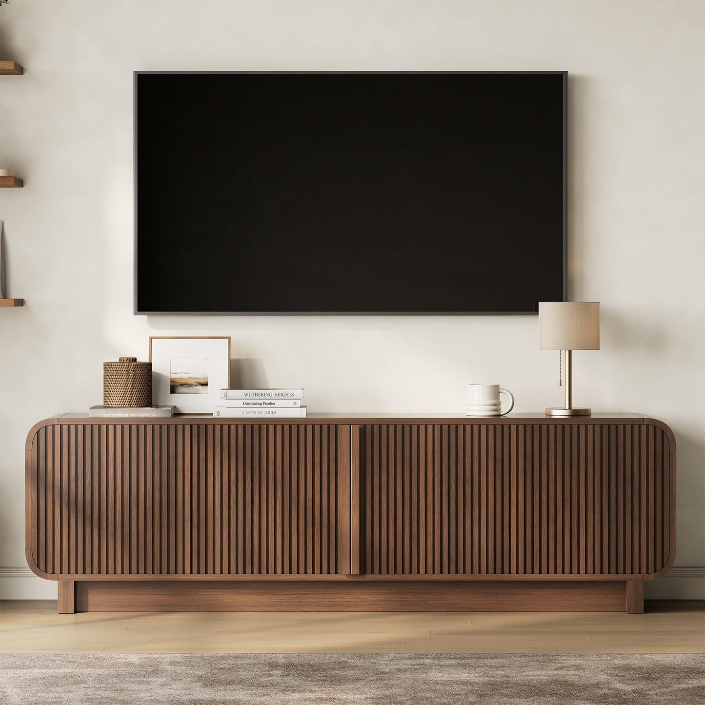 78.75" Fluted TV Stand with Storage Cabinets, Rounded Edge Entertainment Center, Mid-Century Media Console for Living Room Hallway, Walnut