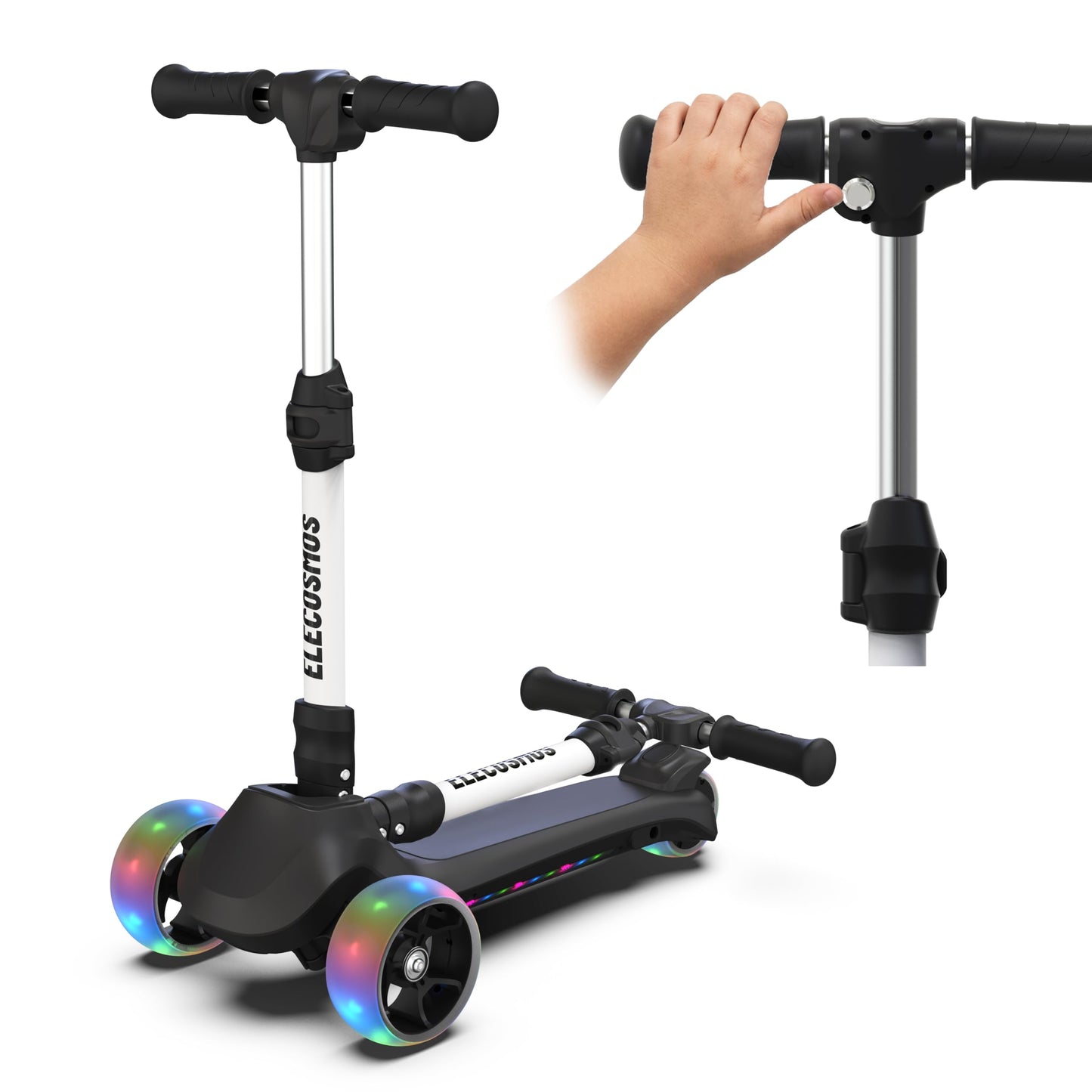 ELECOSMOS Electric Scooter for Kids Ages 5-8, 3 Extra Wide Light Up Wheels & LED Deck, 3 Heights Adjustable, 5 MPH, Super Lightweight Foldable E-Scooter for Kids, Toddlers, Girls, Boys, Black