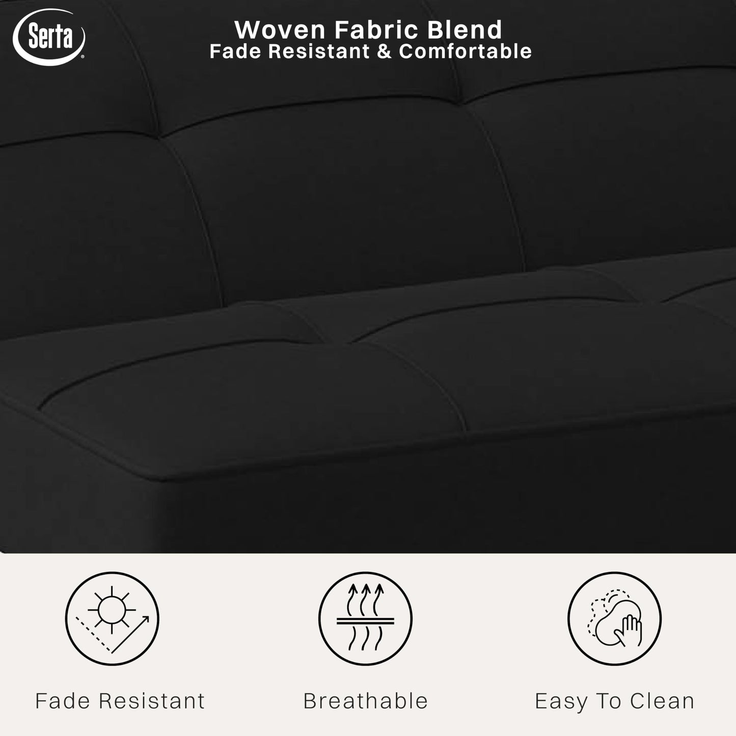 Serta® Rane Futon Sofa Bed 66.1", 3-in-1 Convertible Couch Sleeper for Small Spaces, Tufted Back, Twin Size Guest Bed, Black Woven Fabric