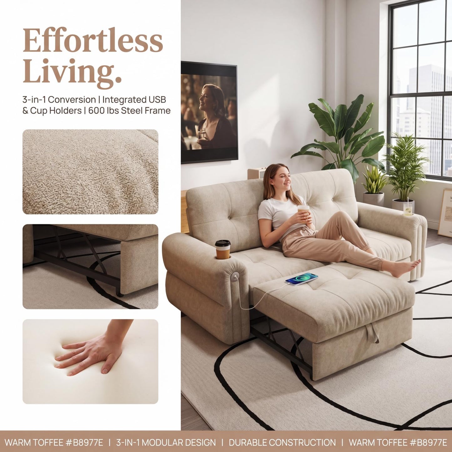 Trygoal Convertible Couches, Queen Size Pull Out Sofa Bed with USB Charging Port and Cup Holders, Plannelette Fabric Convertible Sofa Bed for Small Space, Living Room, Apartment, Guest Room, Beige