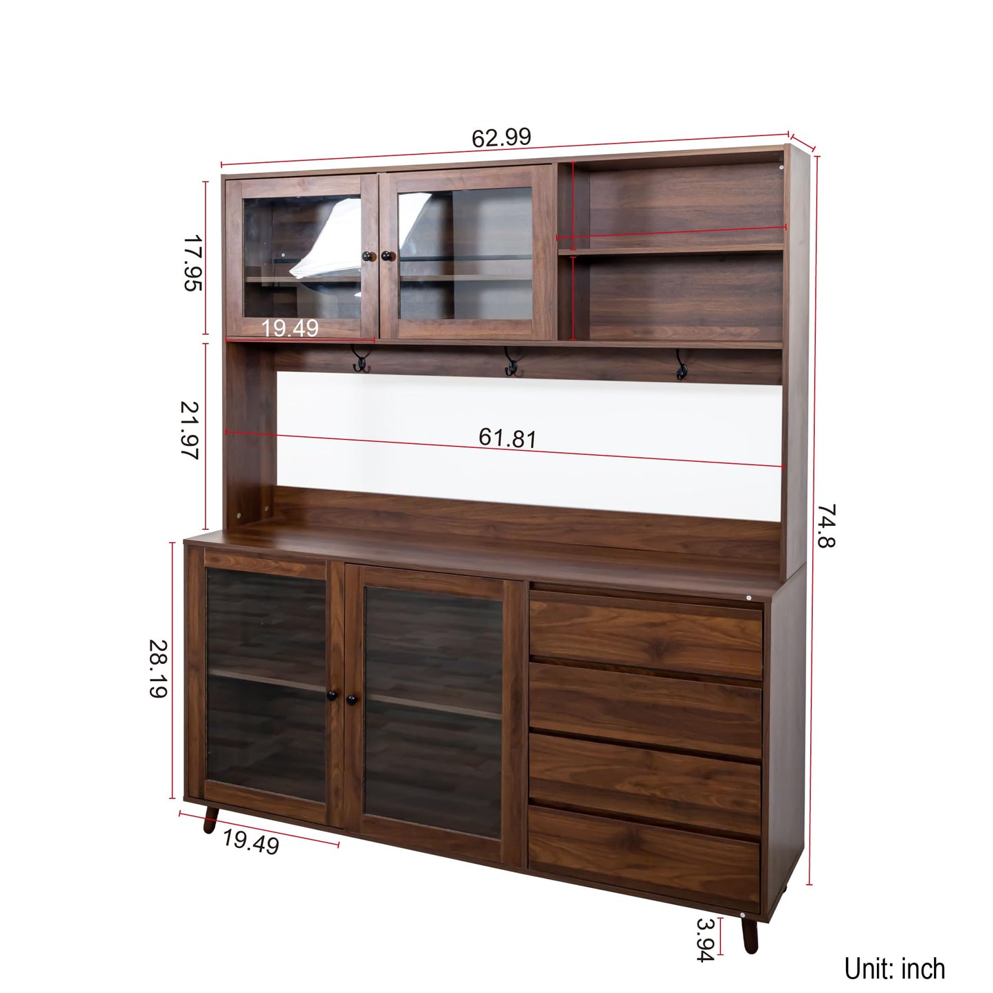 Ball & Cast 63" Large Kitchen Hutch Cabinet with Multi-Layer Shelves and 4 Doors & Drawers,Freestanding Pantry Storage Cupboard with Microwave Shelf,for Kitchen,Apartment,Livingroom,Walnut