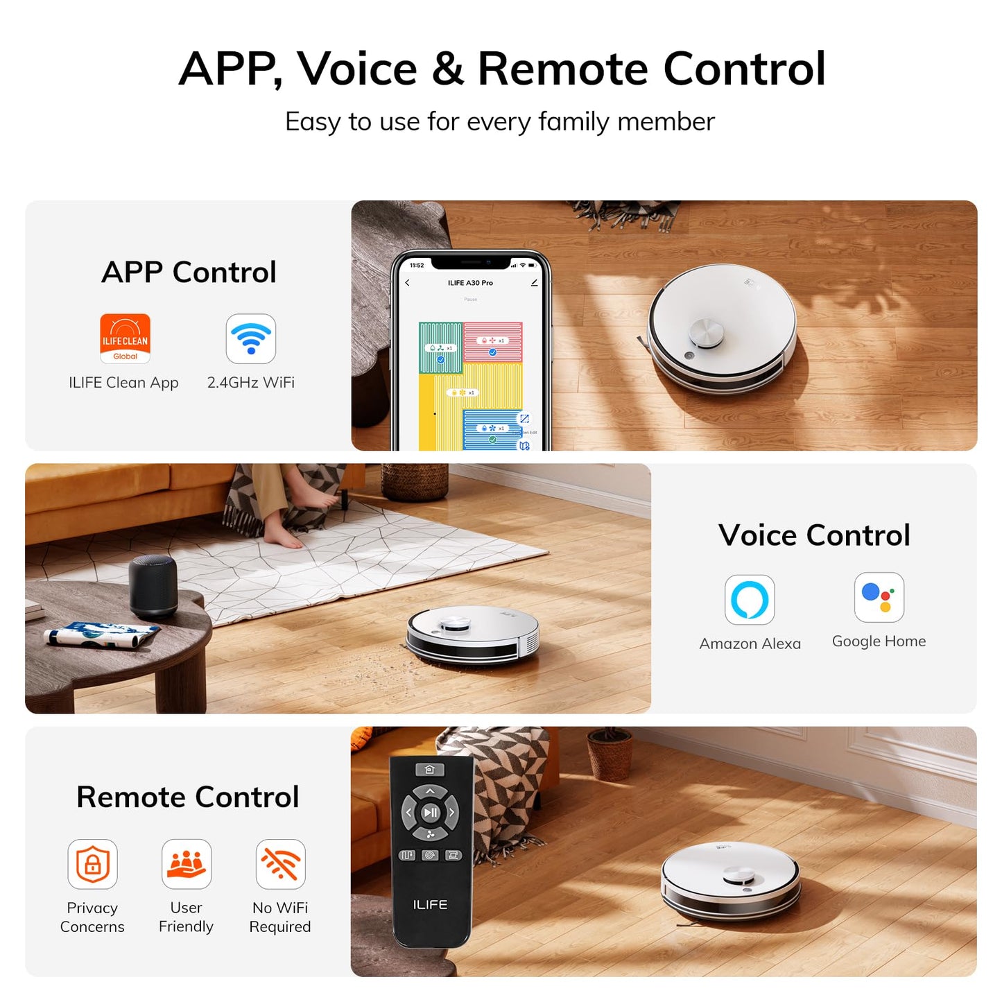ILIFE A30 Pro Robot Vacuum and Mop, Self Emptying Station for 60 Days, 5000Pa Suction, LiDAR Navigation, No-Go Zones, 2.4G WiFi/App/Alexa/Remote Control, Clean Hard Floors to Medium-Pile Carpet, 110V