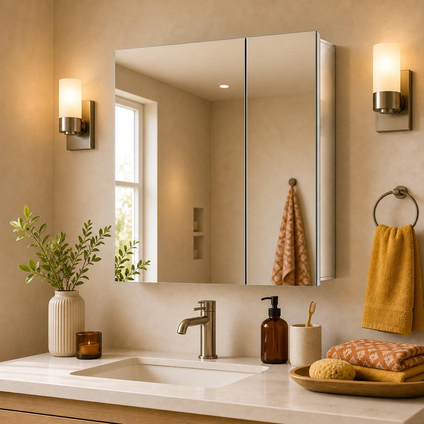 Fundin Stainless Steel Medicine Cabinet, Bathroom Mirror Cabinet, Surface Mount and Recess Mount, 23.6 x 25.6 inch, with Unique Half-Shelves for Greater Storage adjustability