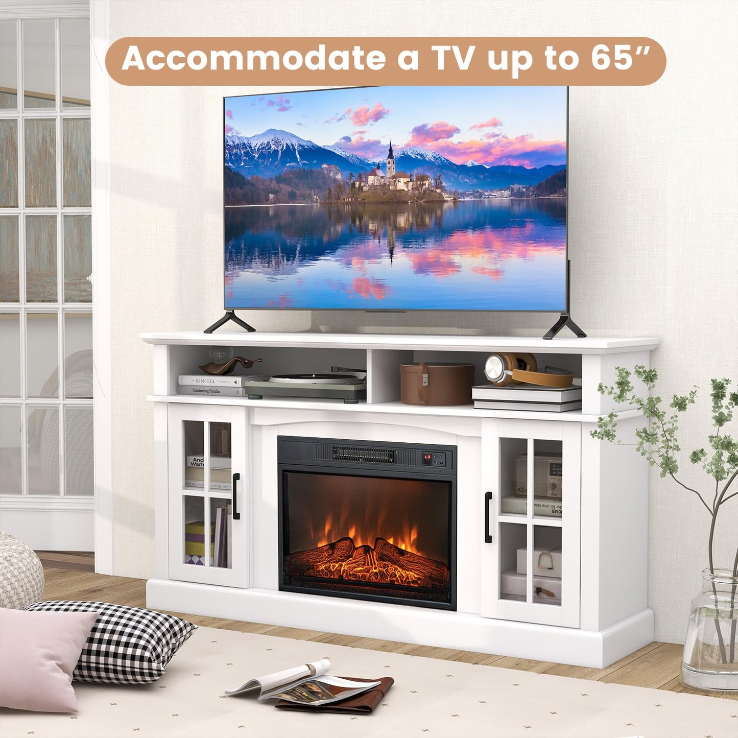 CLEEMAN Electric Fireplace TV Stand for TVs up to 65”, Media TV Console w/ 23” Fireplace Insert Heater, Remote Control, 3-Level Flame, Overheat Protection, Entertainment Center for Living Room (White)