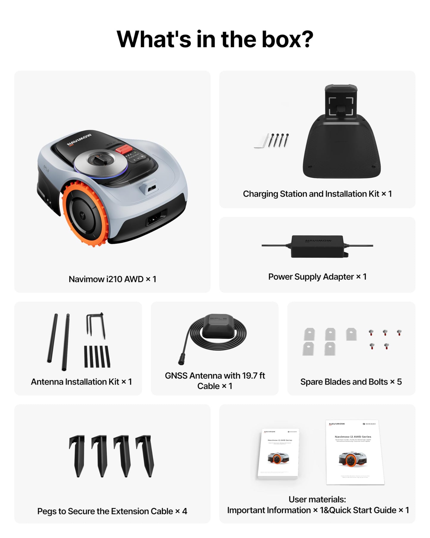 Segway Navimow i210 AWD Robot Lawn Mower Wire Free with Garage S, All-Wheel Drive for 45% Slopes, EFLS NRTK + Vision Auto Mapping, Covers 1/4 Acre (Garage Shipped Separately)