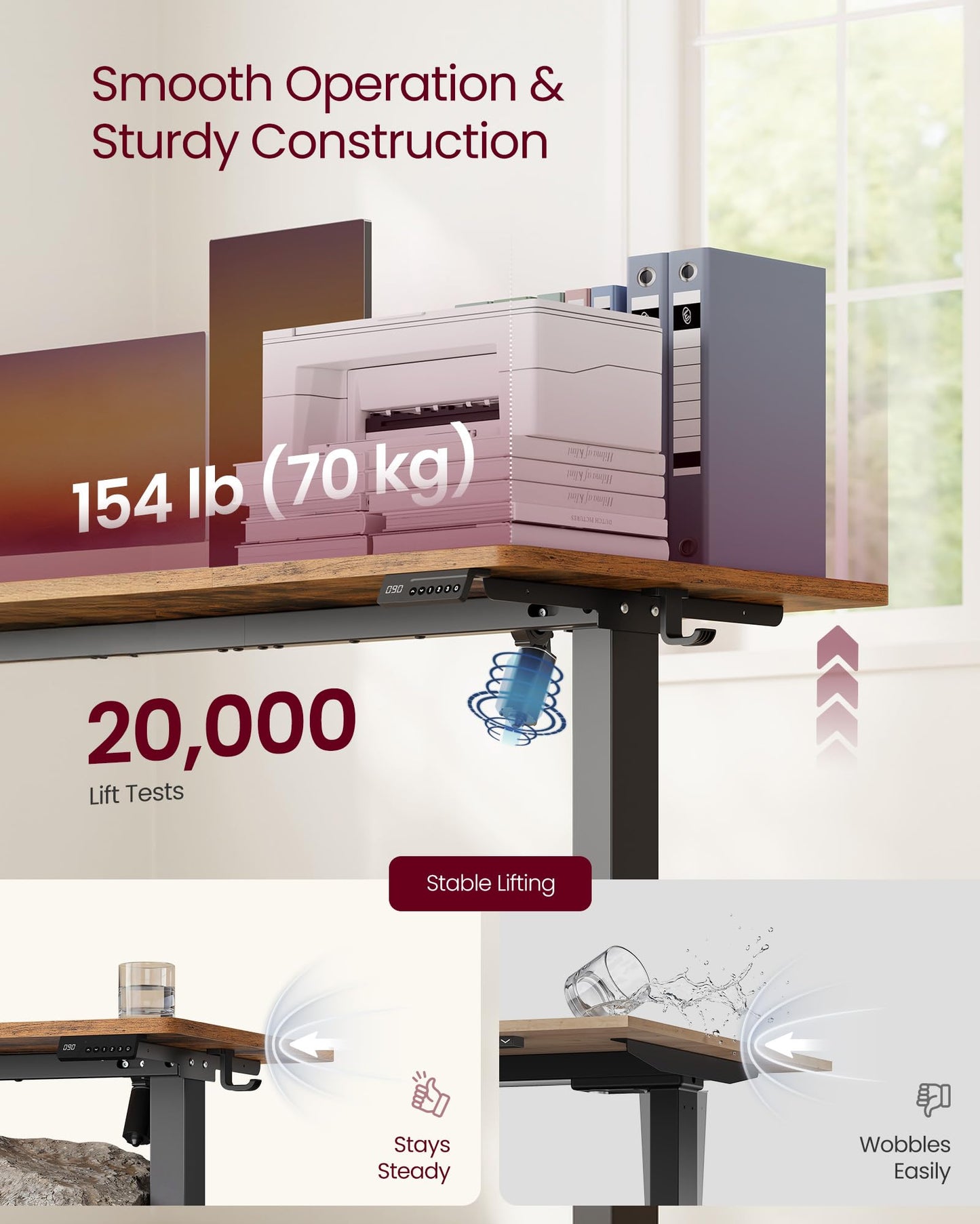 VASAGLE Electric Standing Desk, Stand Up Desk, 4 Memory Heights, Sedentary Reminder, for Home Office, 63 x 27.6 Inches, Rustic Brown ULSD316KD02S