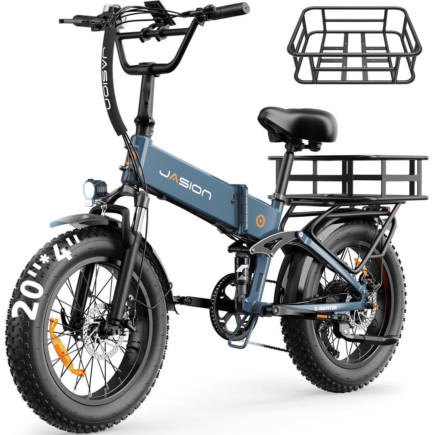 Jasion X-Hunter Foldable Electric Bike, 70+Miles 30MPH Max Speed, 1400W Peak Motor, 624WH Removable Battery, 20″*4 Fat Tire Bicycle for Adult, 7-Speed & Full Suspension EBike for Commute,Snow,Mountain