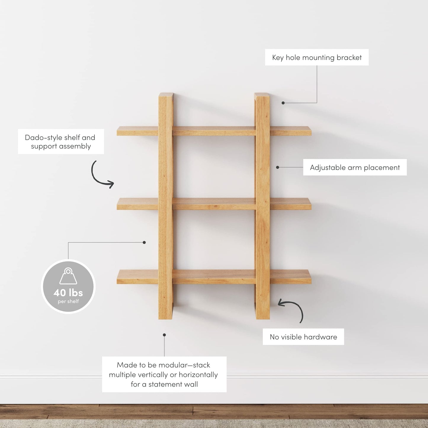 Nathan James Floating Wall Book Shelves, 3-Tier Display Shelf, Decorative Modular Shelf in Solid Wood for Bedroom, Nursery, Bathroom or Kitchen, Set of 2