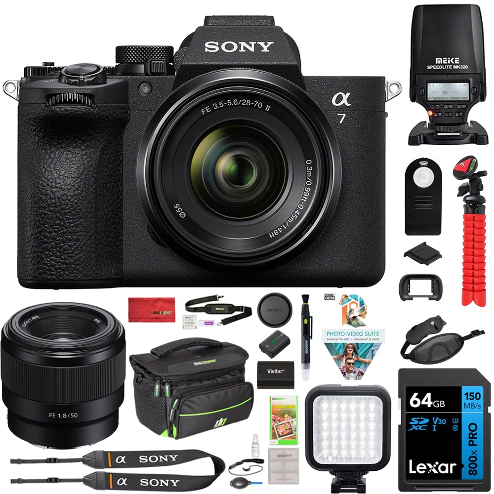 Sony ILCE-7M5M/B a7 V Full-Frame Mirrorless Camera with 28-70mm II Lens Bundle with FE 50mm F1.8 Lens, Flash Speedlight, 72" Monopod, 64GB Card, Corel Photo Video Suite, Deco Photo Camera Bag + More