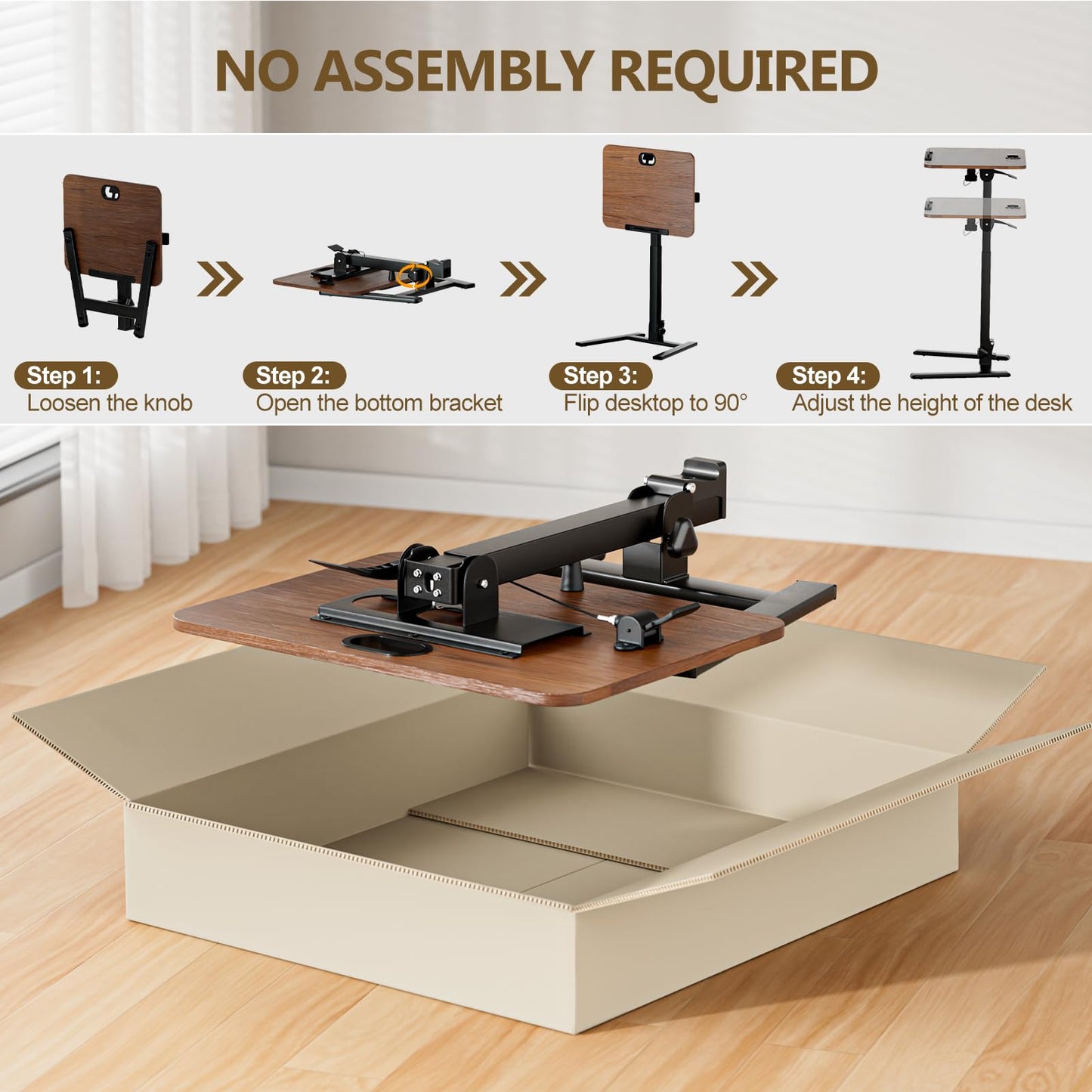 OUKMIC 25 Inch Mobile Foldable Standing Desk, 180 Degree Tiltable Portable Rolling Laptop Table, Height Adjustable Sit-Stand Desk with Wheels, No Assembly Computer Workstation for Home Office, Brown