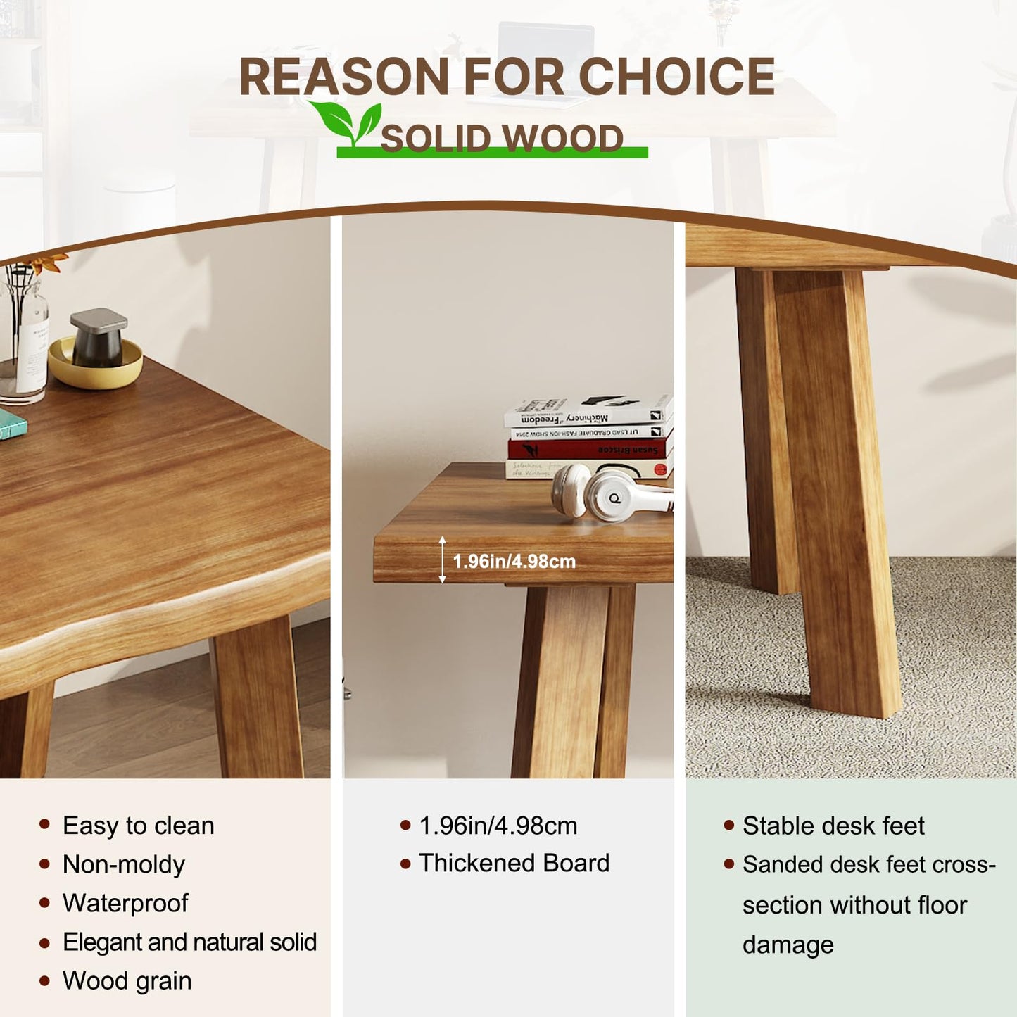 SXXjiaju Solid Wood Desk 55 inches, Live Edge Wooden Home Office Computer Desk Modern Simple Design for Writing, Study, Dining, Gaming