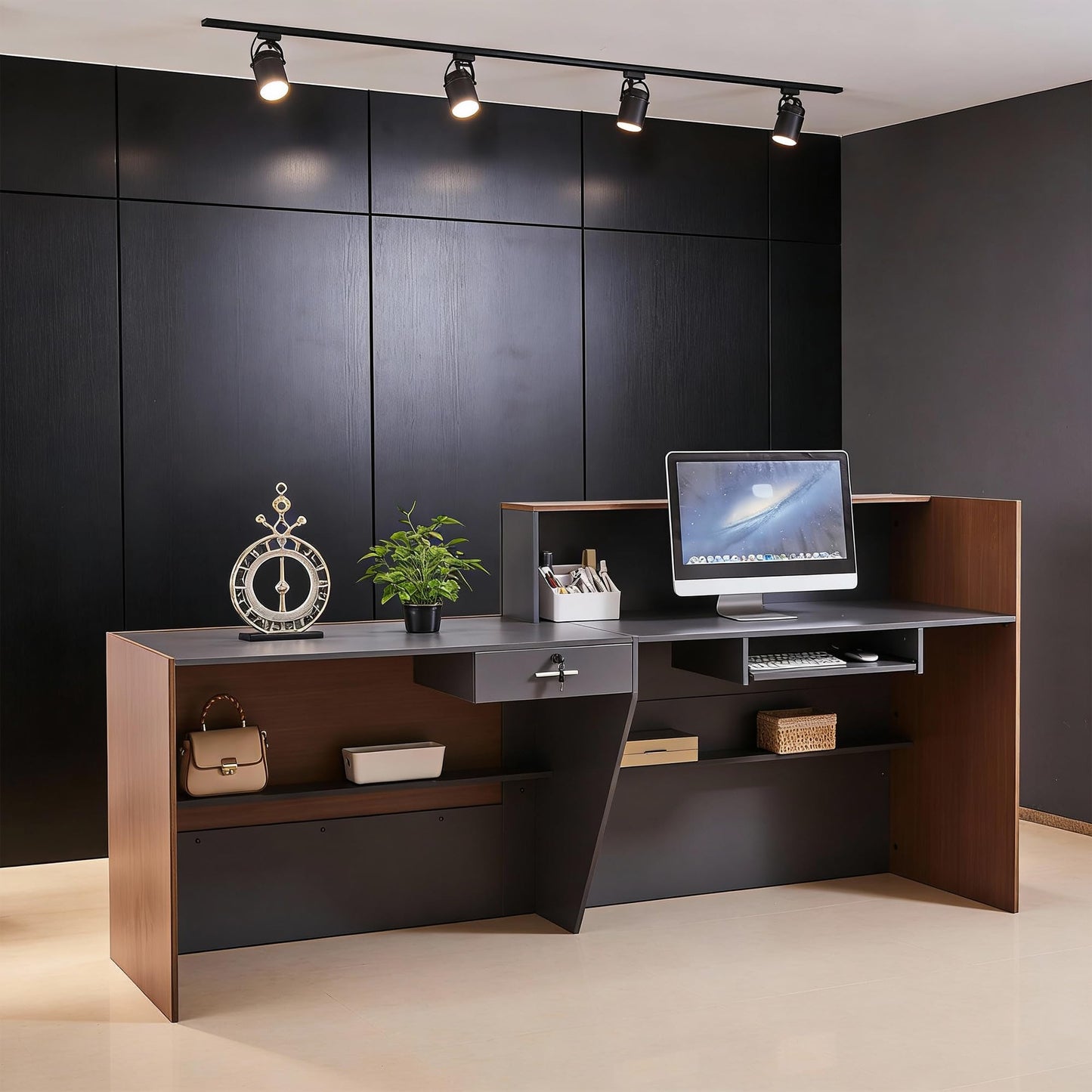 LayBurst 86.8" Large Reception Desk,Modern Checkout Counter with Lockable Drawer,Keyboard Tray and Shelves,White Receptionist Desk for Corporate and Hotel Lobbies