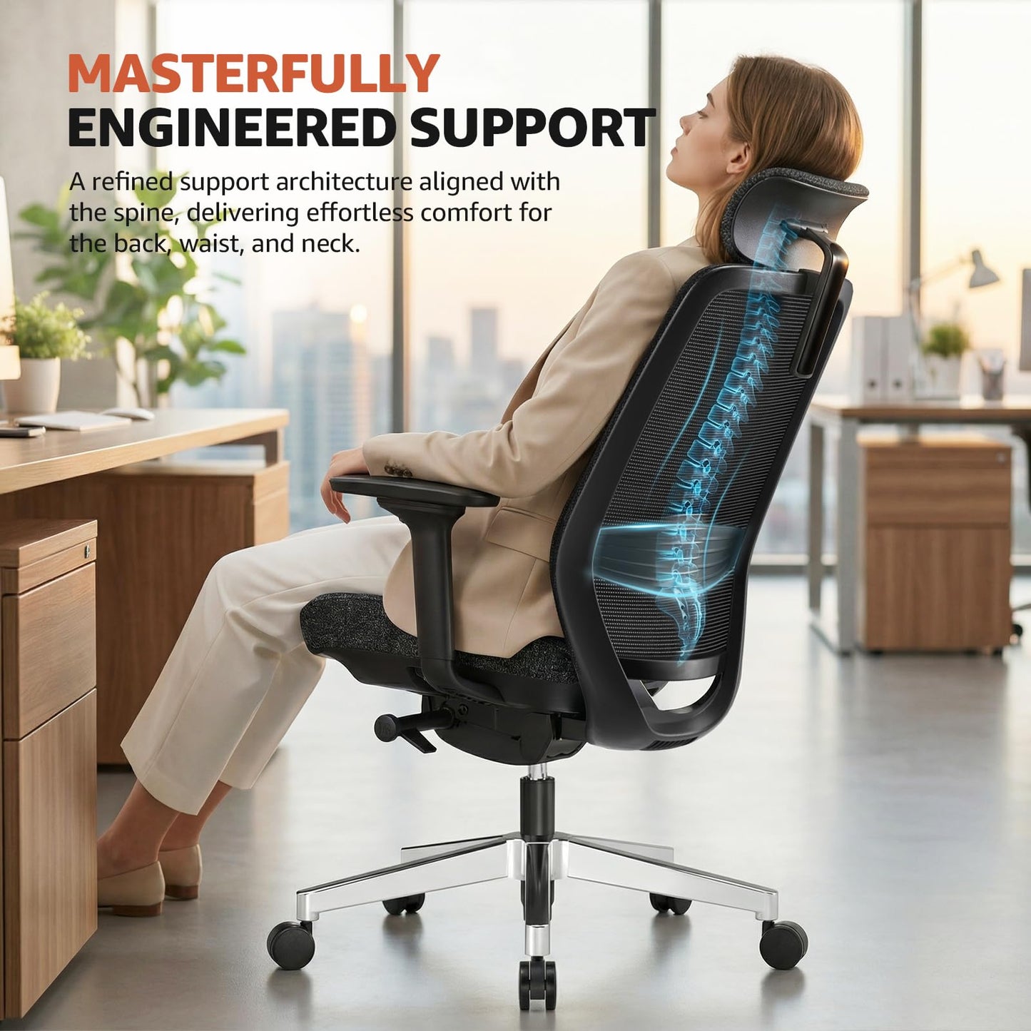 ErgoSift M2 Office Chair Ergonomic Desk Chair High-Back Mesh Desk Chair with Adjustable Lumbar Support and Headrest 4D Armrests for Long Hours Sitting Black