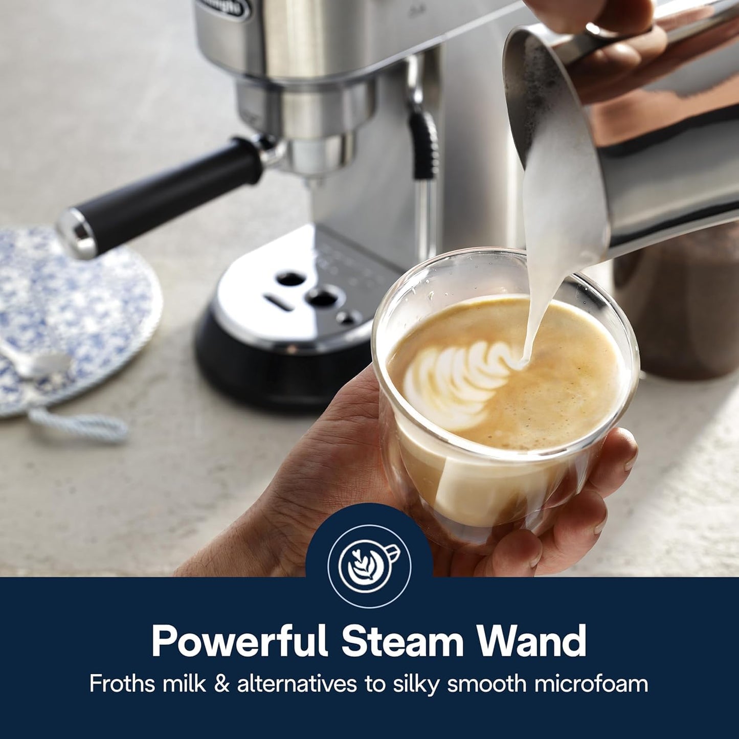 De’Longhi Dedica Arte Espresso Machine with My LatteArt Steam Wand (Milk Frother), 15-Bar Pump & 3-Level Temp Control - Compact Espresso Maker for Latte & Cappuccino - Italian Stainless Steel Design