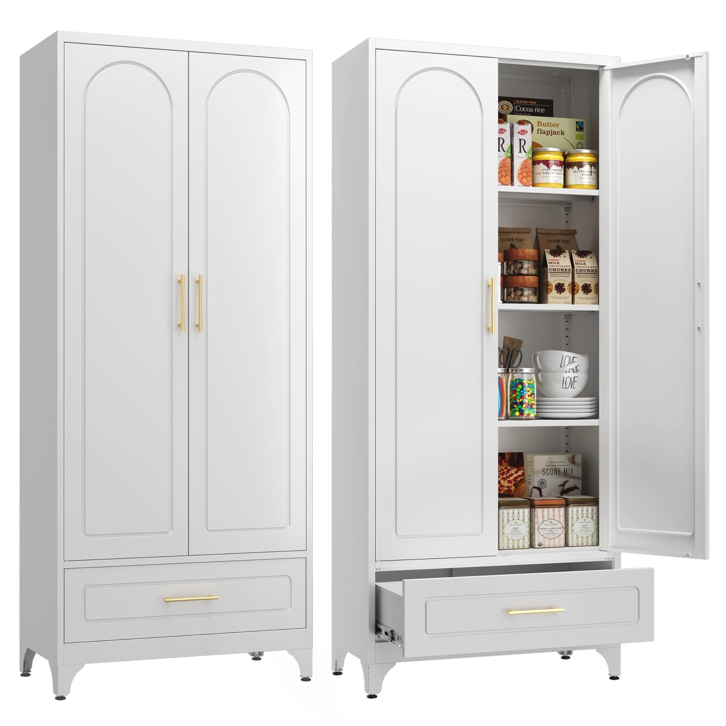 SteeLoong Metal Storage Cabinet with Drawers,75Inch White Pantry Cabinets for Kitchen Storage with 3 Adjustable Shelves,Tall Kitchen Pantry Cabinet for Living Room, Dining Room Office