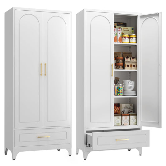 SteeLoong Metal Storage Cabinet with Drawers,75Inch White Pantry Cabinets for Kitchen Storage with 3 Adjustable Shelves,Tall Kitchen Pantry Cabinet for Living Room, Dining Room Office