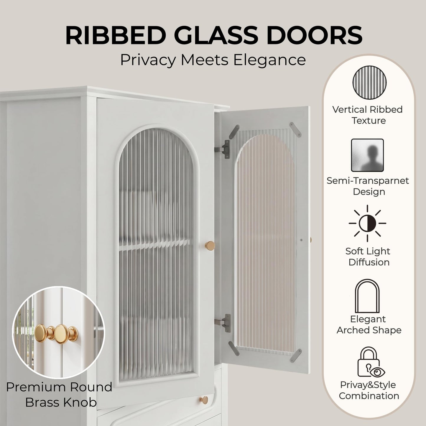 KEIKI Glass Display Cabinet with Ribbed Glass Doors, 46.5" Wooden Curio Cabinet with 2 Drawers & Adjustable Shelf, Freestanding Buffet Storage Unit for Living Room Dining Room Entryway, White