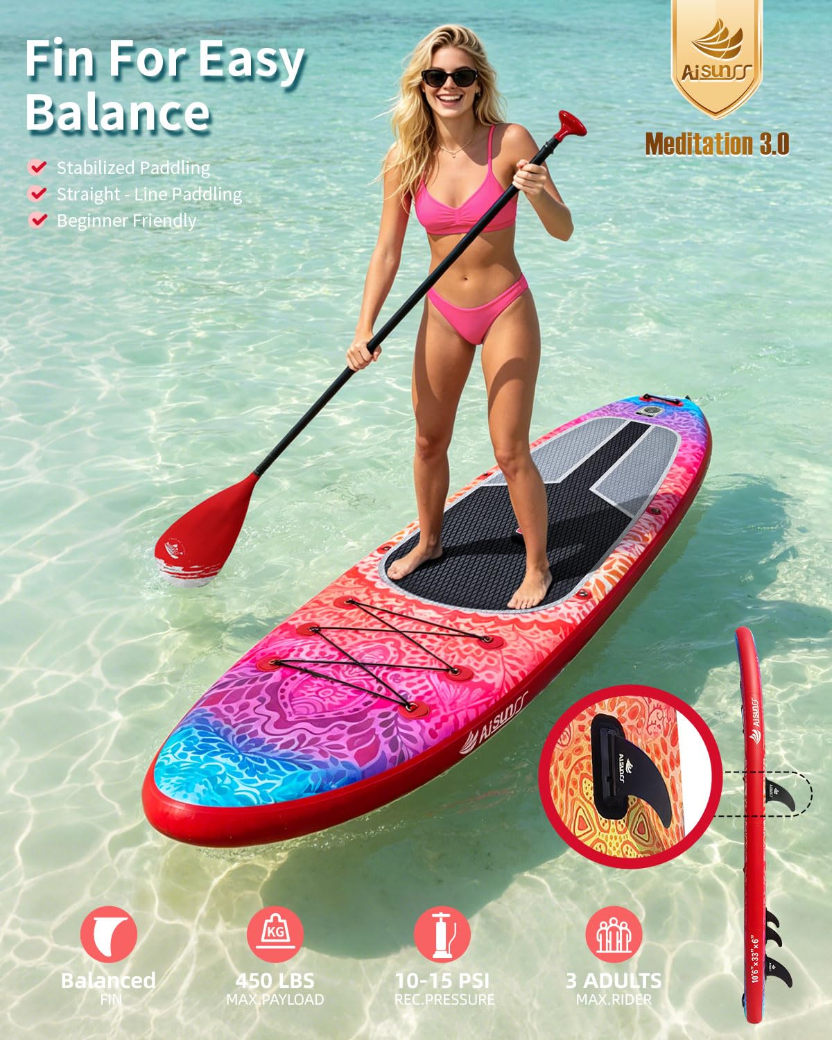 AISUNSS SUP Board 10.6Ft All Around Board Premium iSUP, Yoga Board with SUP Accessories Include Non-Slip mat, Waterproof Phone Bag, Double Action Pump, Adjustable Aluminum Paddle (Red Meditation)