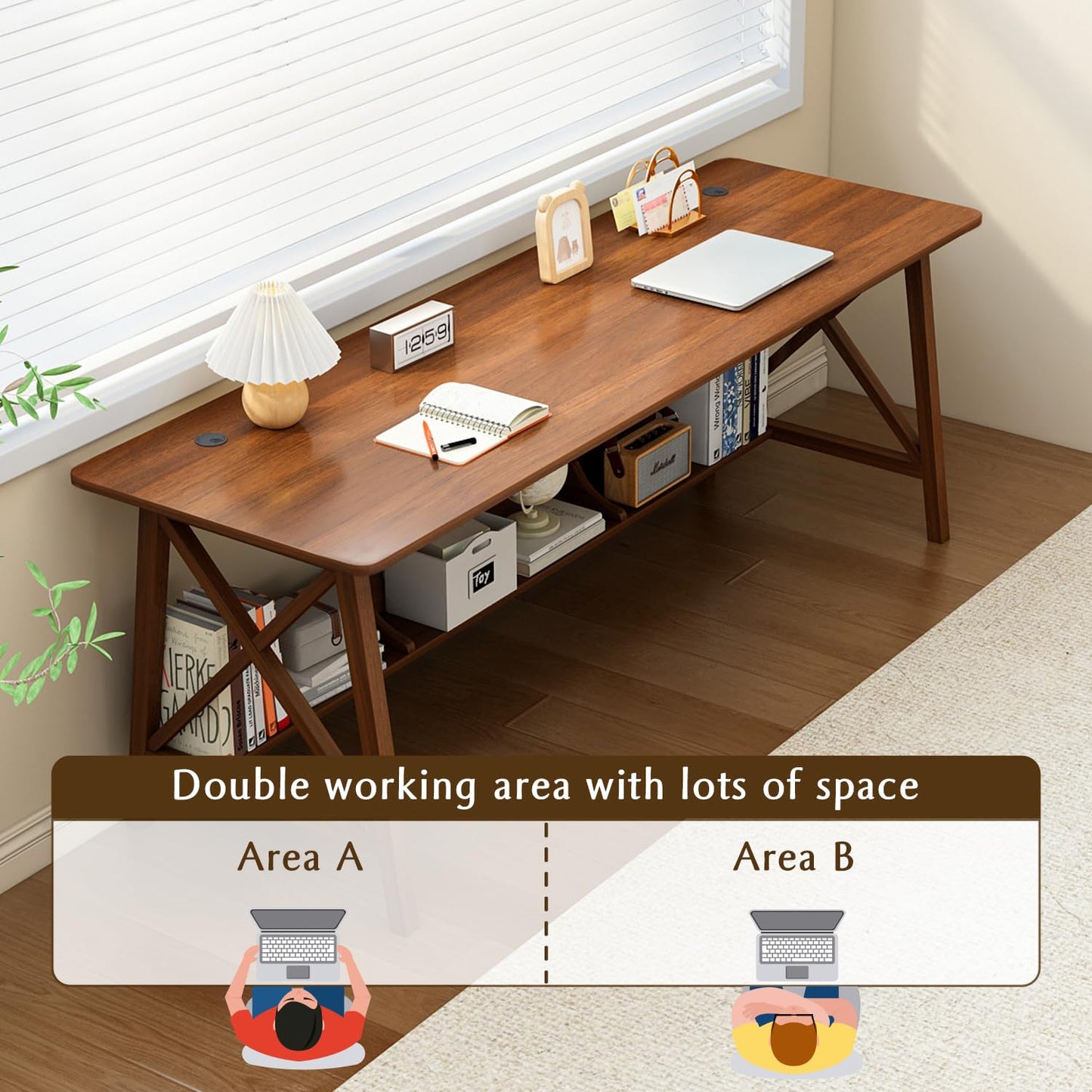 NELYE Extra Long Desk with Bookshelf - Wooden Home Office Work Study Table, 2-Person Writing Computer Workstation with Storage Shelf in Walnut, 63" Wx24 Dx30 H